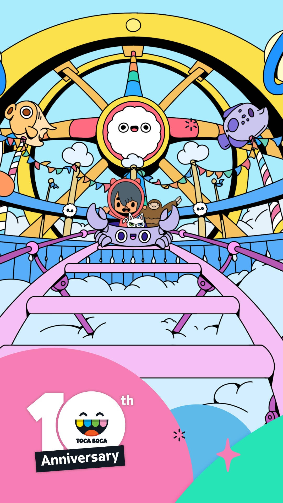 Toca 桌布 壁紙 — 一個色彩繽紛的卡通插圖，描繪一個小孩和一隻貓在巨大的摩天輪下乘坐粉紅色雲霄飛車，周圍有節日橫幅。