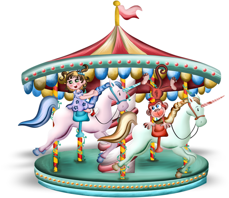 carousel 桌布 壁紙 — 一個色彩繽紛的卡通旋轉木馬，一個女孩和一隻猴子騎著粉彩馬，在紅色和金色的頂篷下。