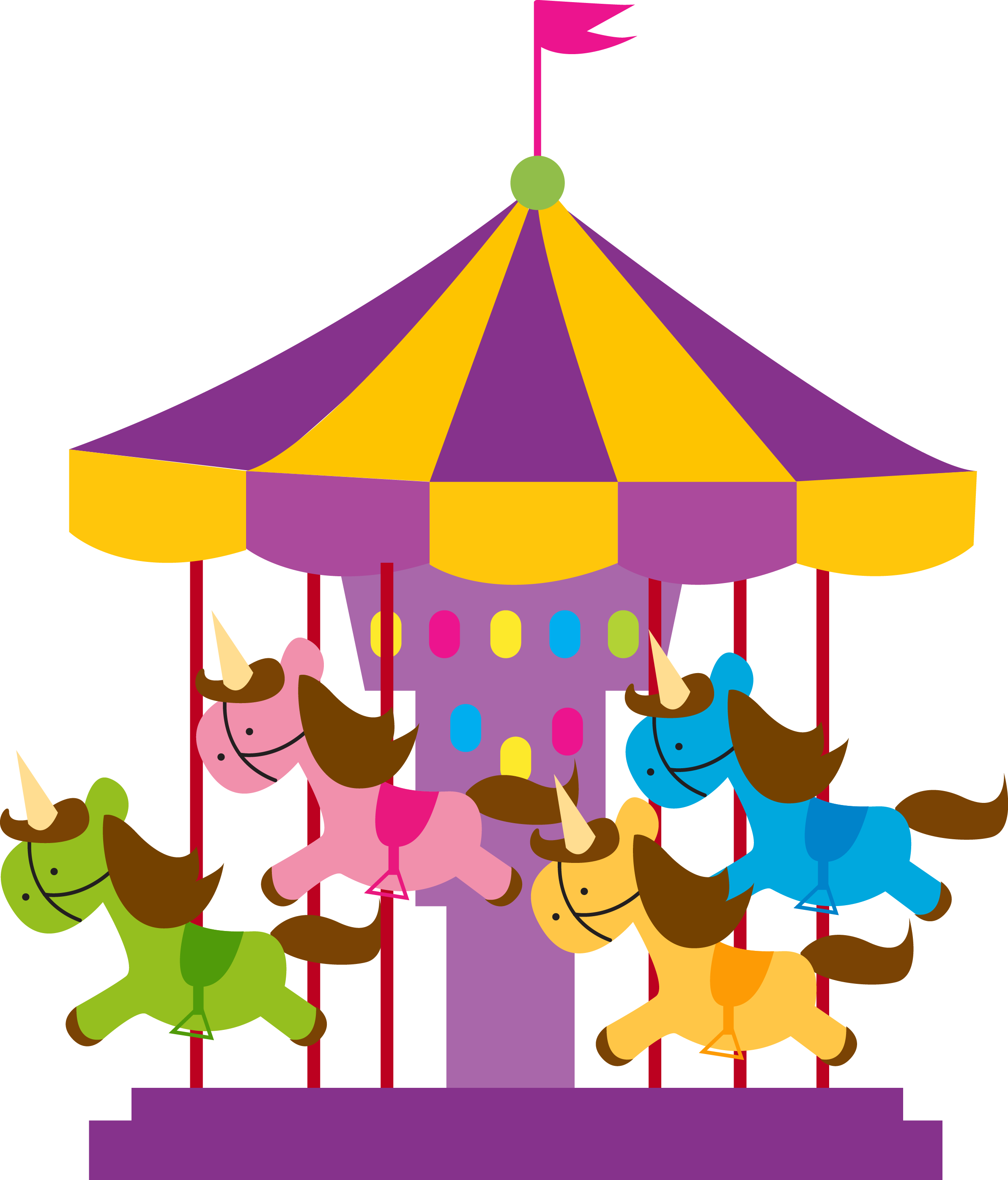 carousel 桌布 壁紙 — 一個色彩繽紛的卡通旋轉木馬，在紫色和黃色條紋天篷下有四隻彩虹色的獨角獸。