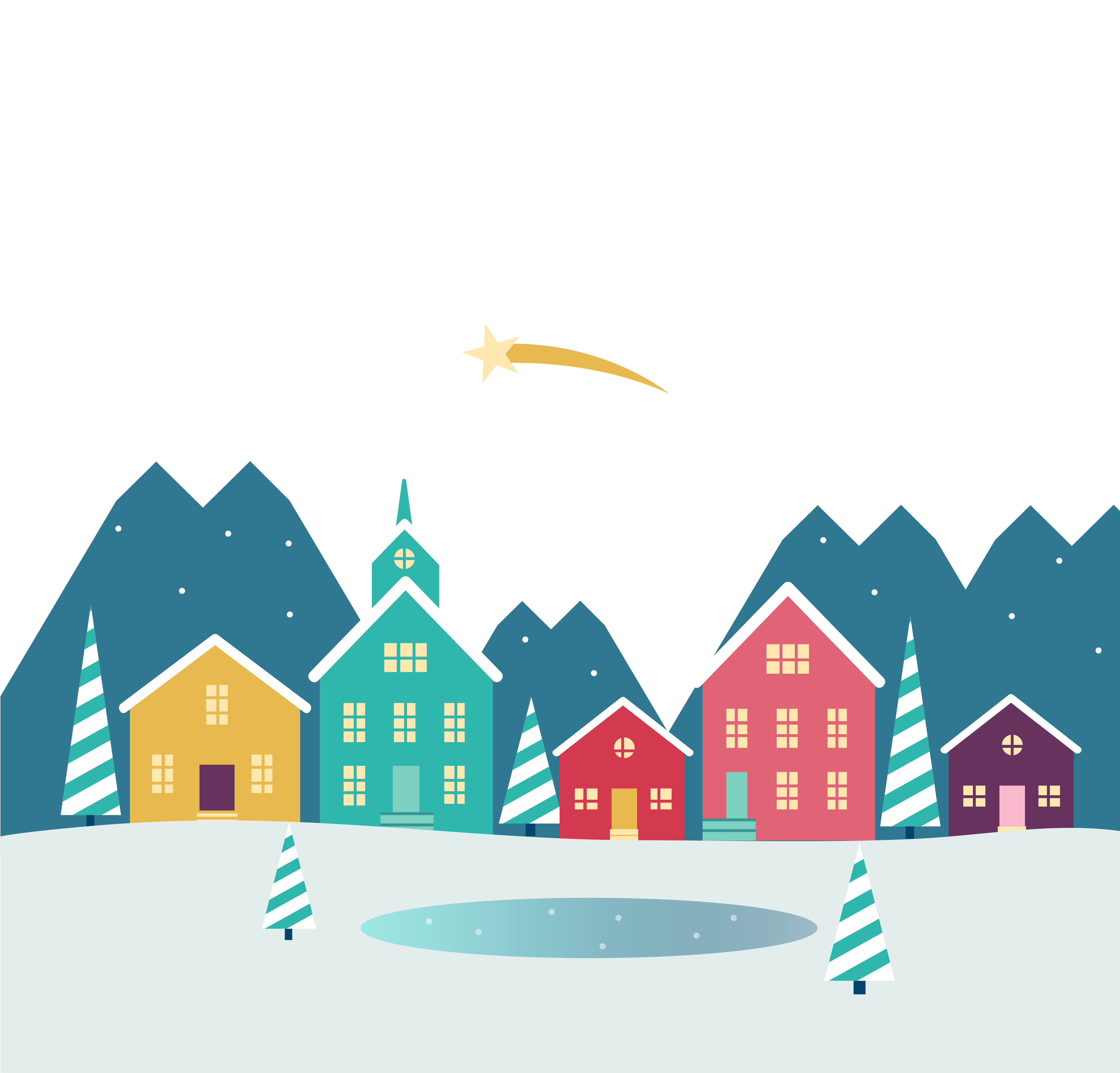 Houses 桌布 壁紙 — 一個色彩繽紛的卡通村莊，坐落在白雪皚皚的山脈中，星空下有一顆流星劃過。
