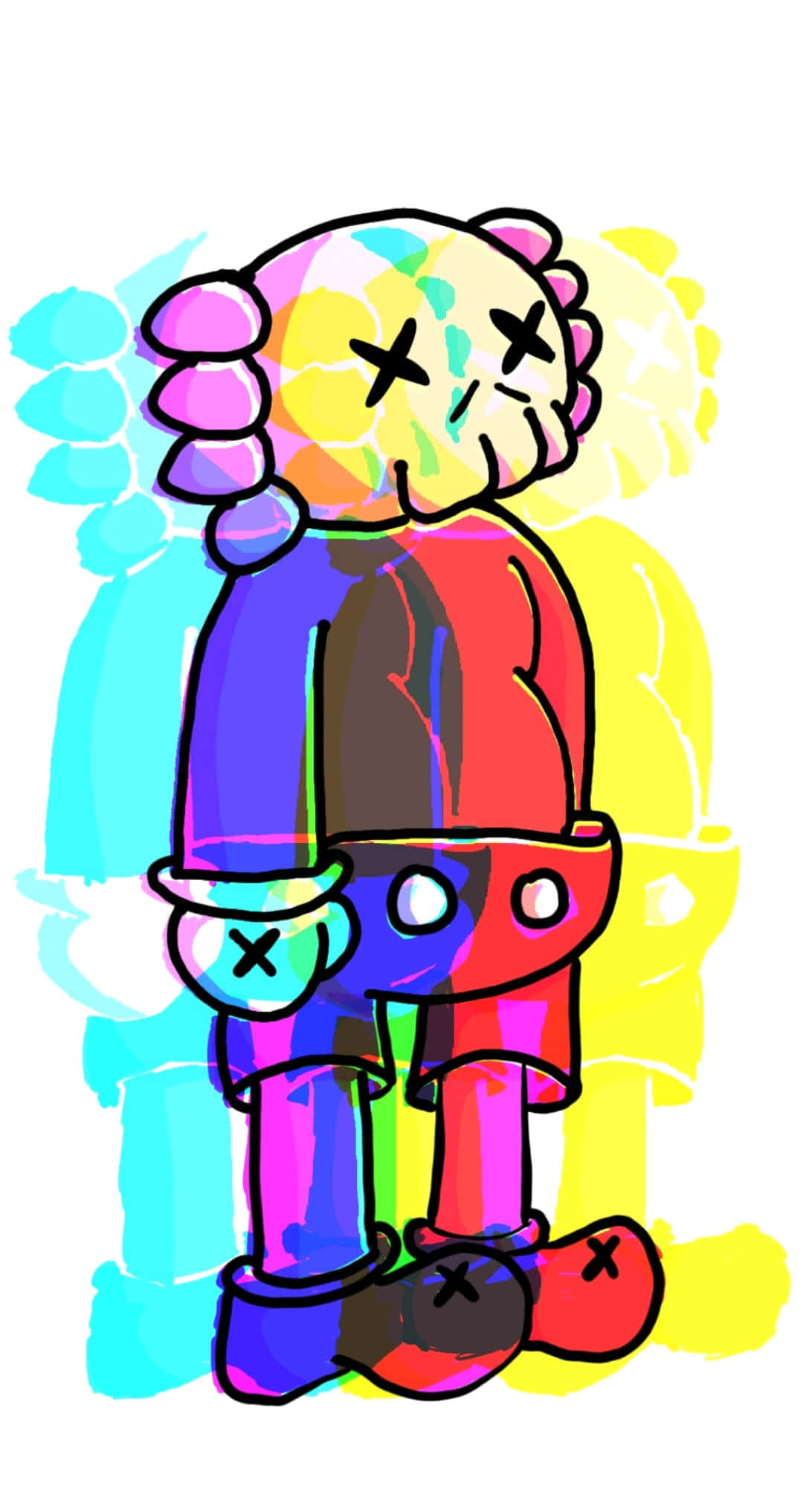 KAWS 桌布 壁紙 — 一個色彩繽紛的卡通角色，帶有X形眼睛和彩虹色調，站在明亮的青色和黃色背景前。