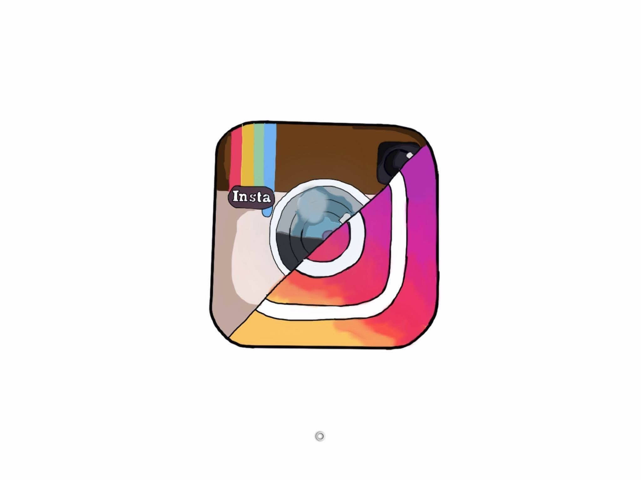 Instagram 桌布 壁紙 — 一個色彩繽紛的卡通風格Instagram標誌，帶有彩虹條紋和相機鏡頭，背景為白色。