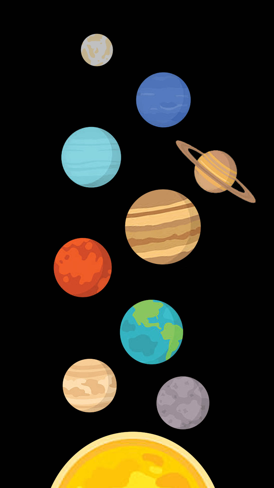 卡通行星在太空中漂浮，太陽在底部。