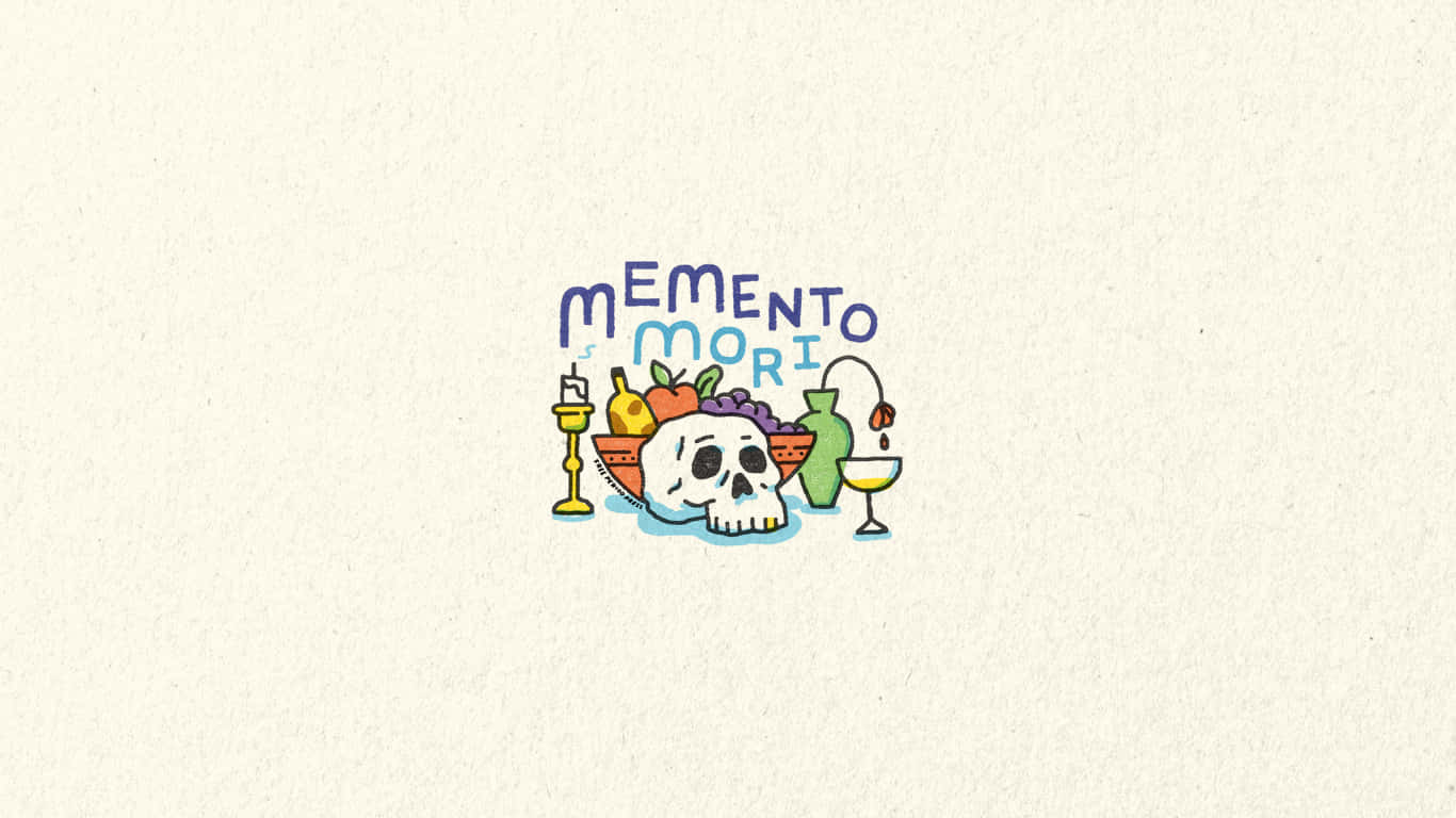 Memento Mori 桌布 壁紙 — 一個色彩繽紛的卡通骷髏頭，周圍環繞著水果酒和蠟燭的死亡警示插圖。