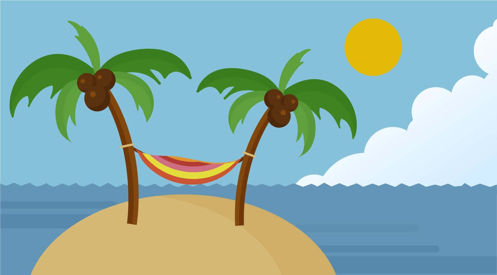 Summer Beach 桌布 壁紙 — 一個色彩繽紛的吊床在沙灘島上的兩棵棕櫚樹之間搖擺，頭頂是明亮的太陽和蓬鬆的雲朵。