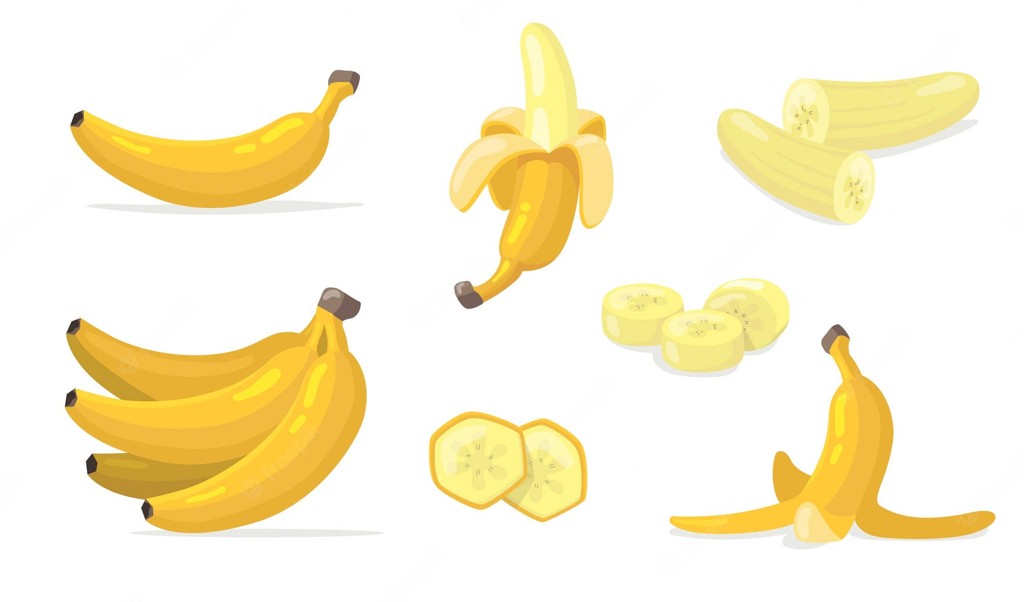 Plantain 桌布 壁紙 — 一個色彩繽紛的向量插圖，展示各種形式的香蕉，包括完整、去皮、切片和整串，背景為純白色。