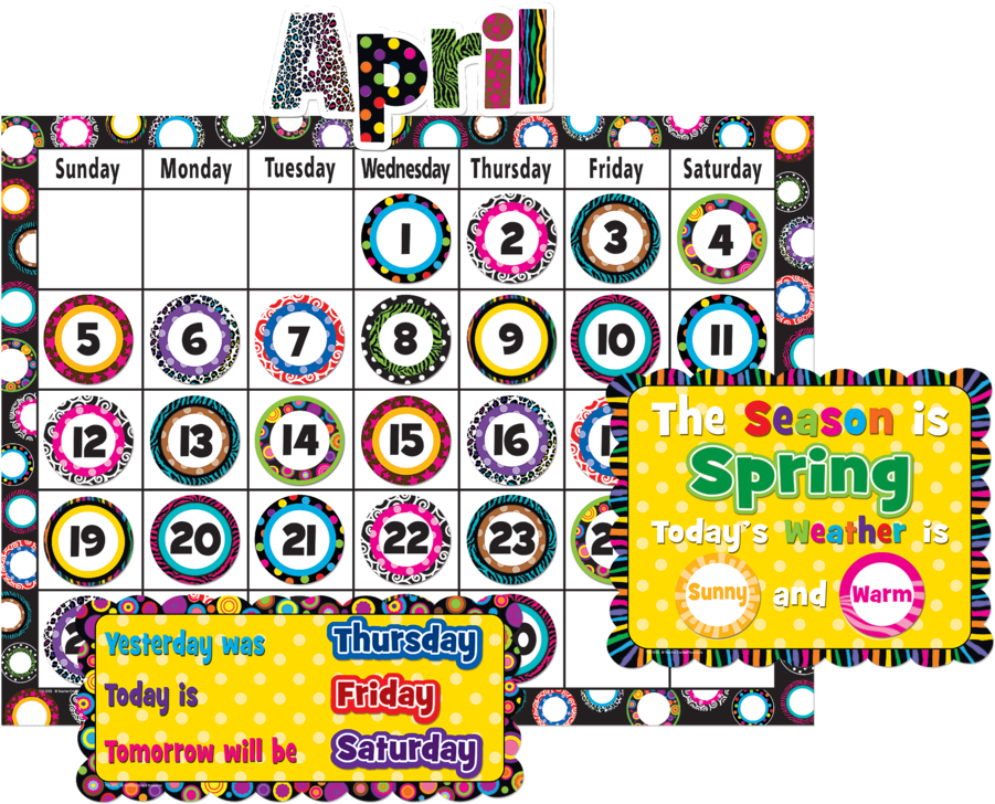 Calendar Date 桌布 壁紙 — 一個色彩繽紛的四月日曆，帶有圖案日期圓圈和春季天氣標籤，背景為黑色。