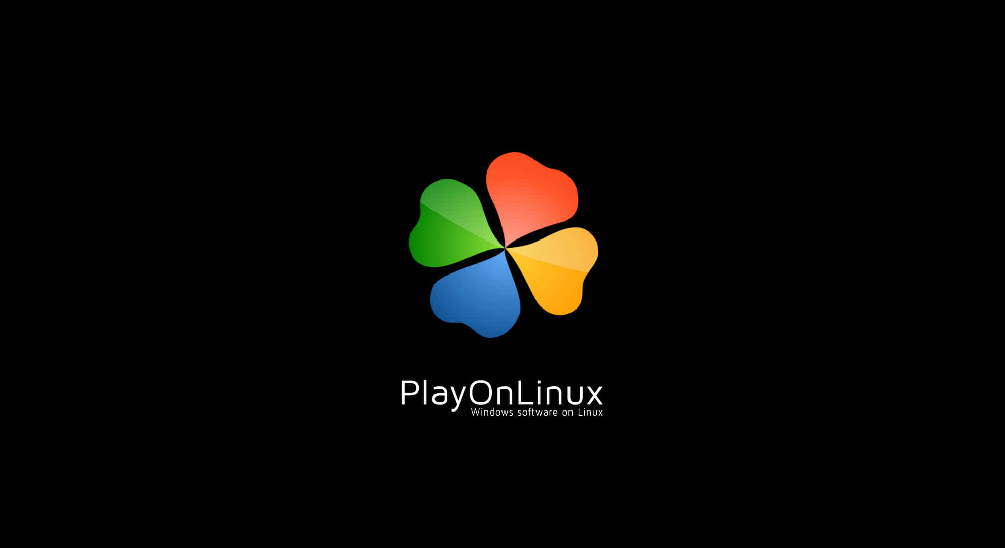 Linux 桌布 壁紙 — 一個色彩繽紛的四葉草標誌，用於 PlayOnLinux，居中在黑色背景上，下方有白色文字。