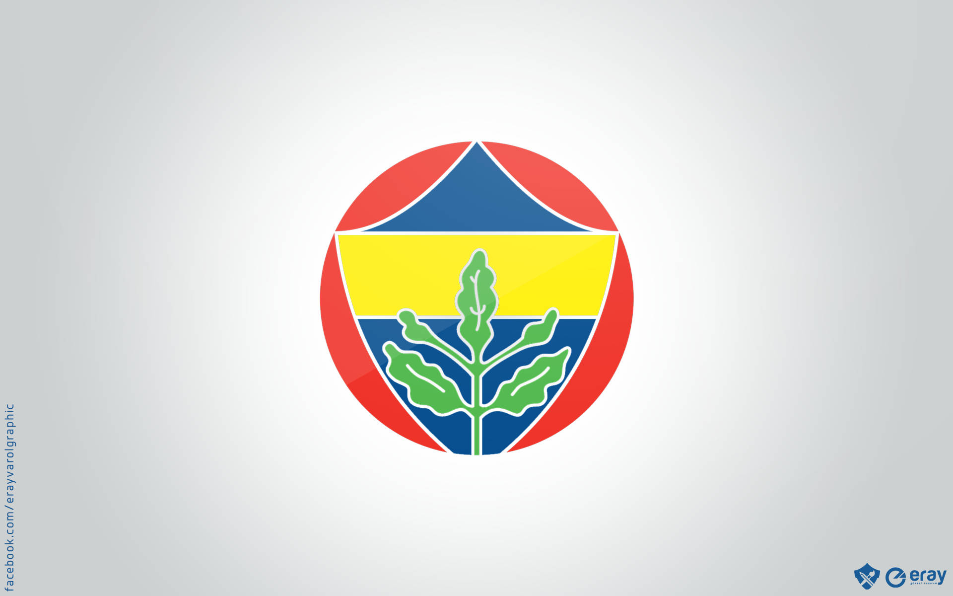 Fenerbahce 桌布 壁紙 — 一個色彩繽紛的圓形標誌，綠色植物嫩芽居中，位於一個分為藍色、黃色和藍色部分並帶有紅色邊框的盾牌內。