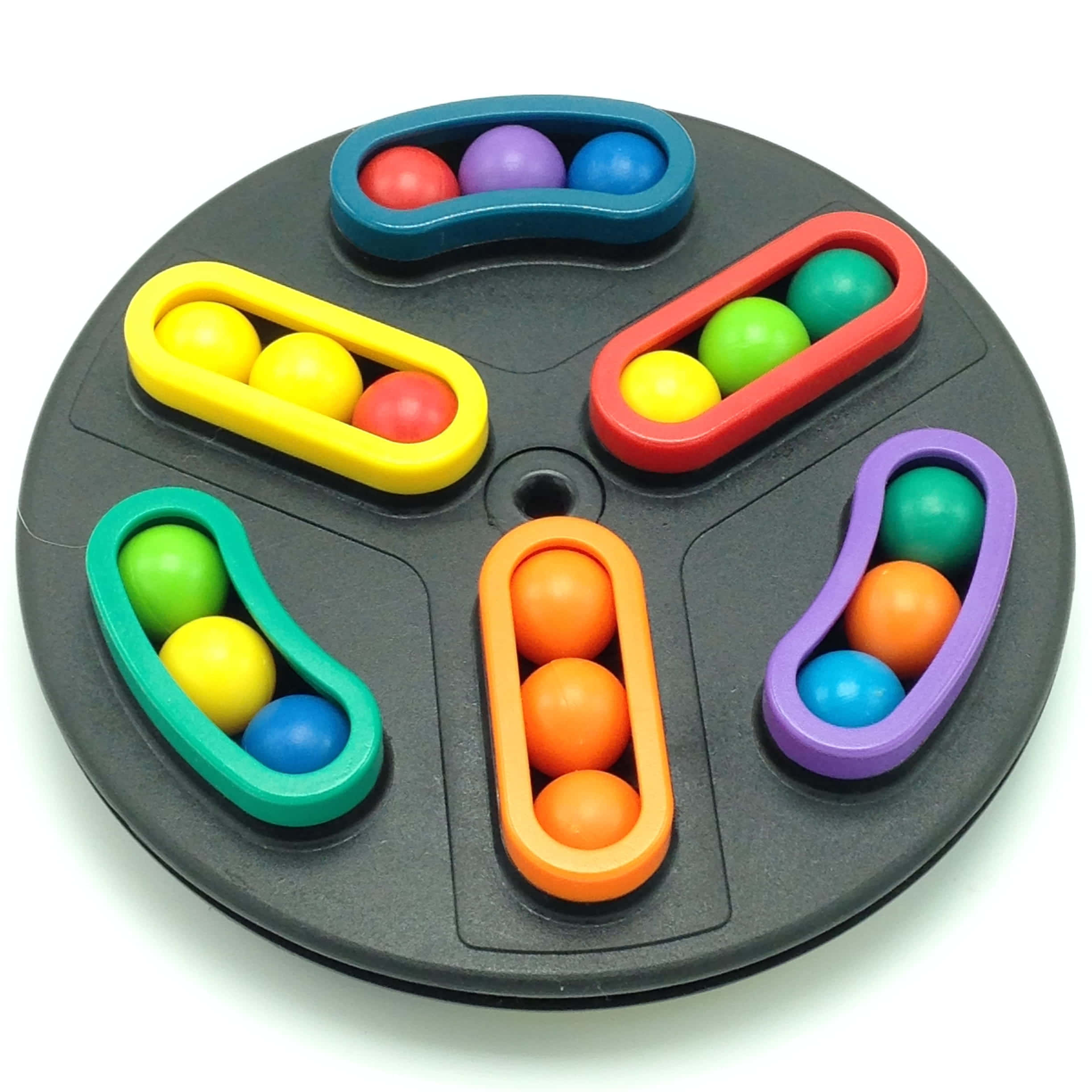 Educational Games 桌布 壁紙 — 一個色彩繽紛的塑膠玩具，有五個豆形隔間，在黑色底座上裝有各種彩虹球。
