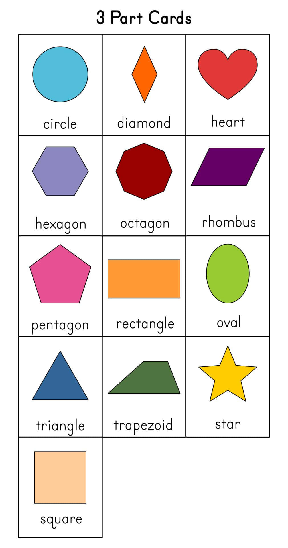 Shapes 桌布 壁紙 — 一個色彩繽紛的幾何形狀網格，附有標籤，包括圓形、菱形、心形、六邊形、八邊形、菱形、五邊形、長方形、橢圓形、三角形、梯形、星形和正方形。