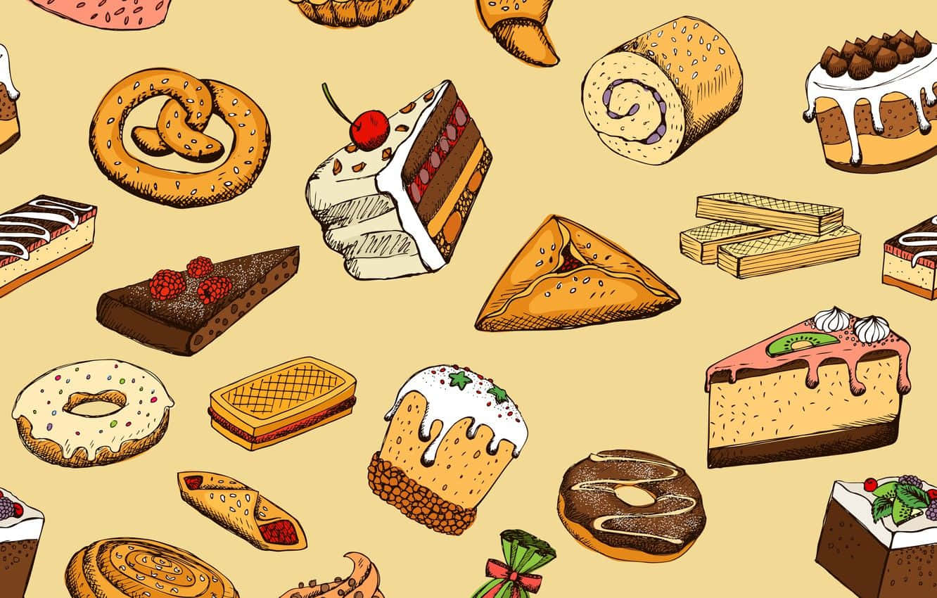 Pastry 桌布 壁紙 — 一個色彩繽紛的手繪圖案，各種甜點和糕點散落在米色背景上。