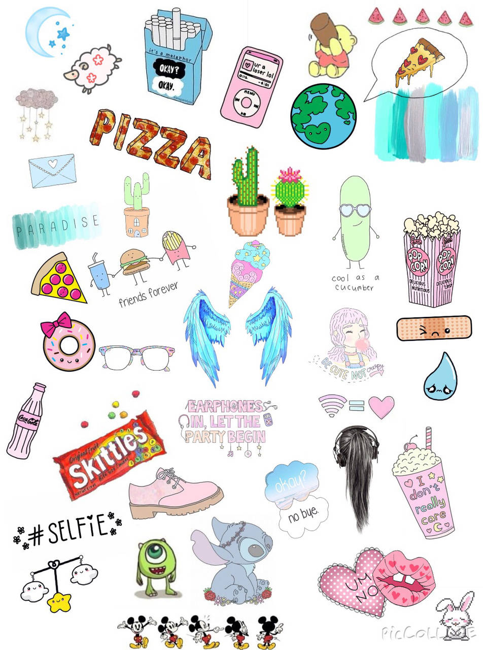 Cute Collage 桌布 壁紙 — 一個色彩繽紛的拼貼畫，包含可愛的卡通貼紙，上面有披薩仙人掌怪物和流行文化圖標，背景為白色。