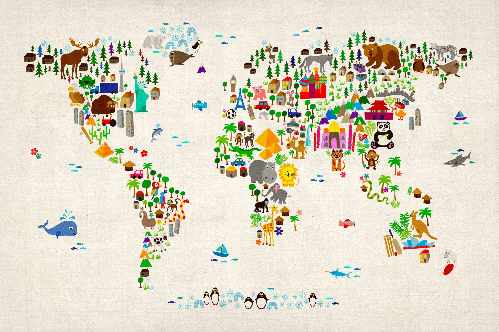 World 桌布 壁紙 — 一個色彩繽紛的插圖世界地圖，充滿卡通動物、地標和文化圖標，背景為有紋理的米色。
