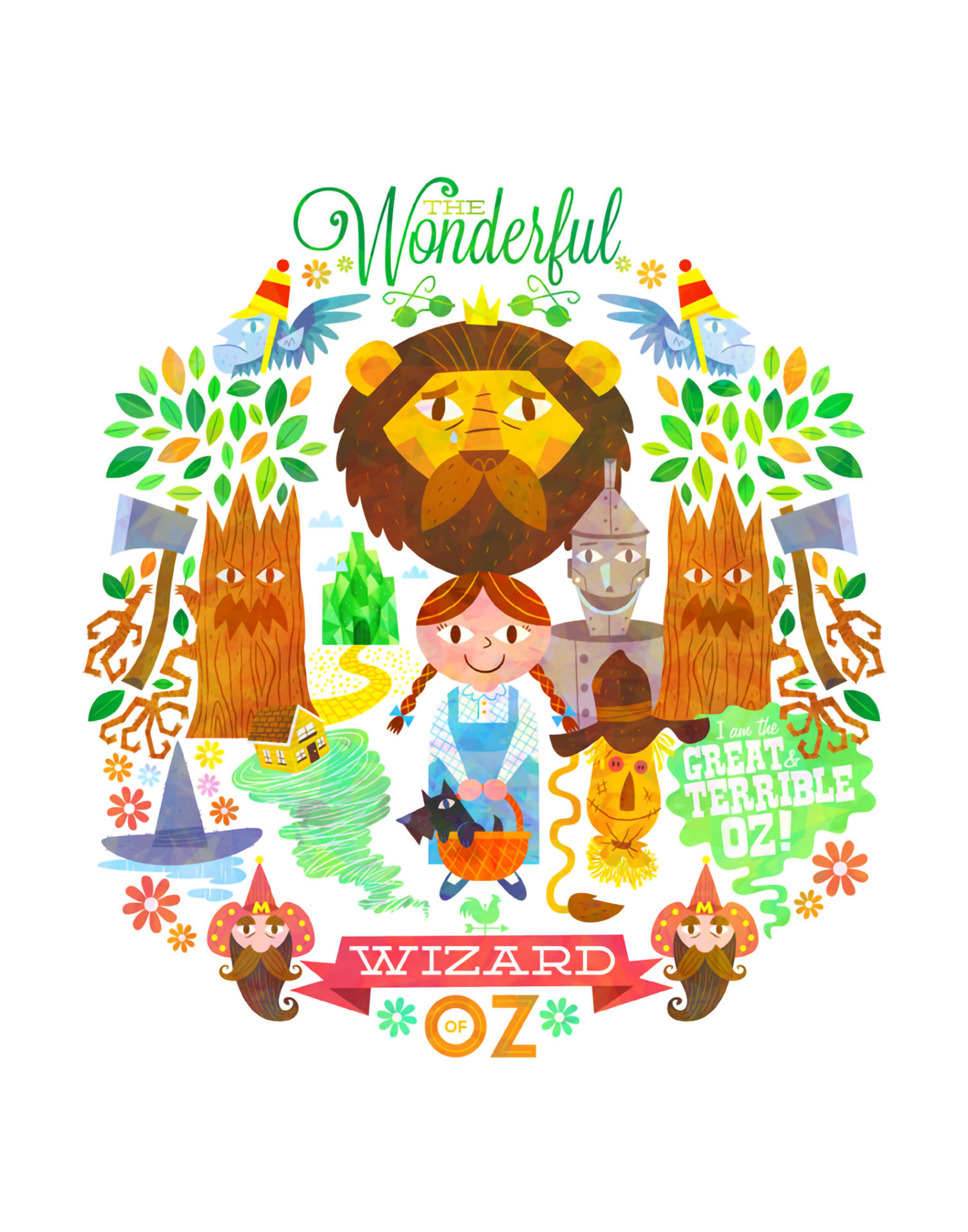 wizard 桌布 壁紙 — 一個色彩繽紛的插圖圓圈，描繪桃樂絲和《綠野仙蹤》中的標誌性角色，周圍環繞著奇特的樹木和花朵。