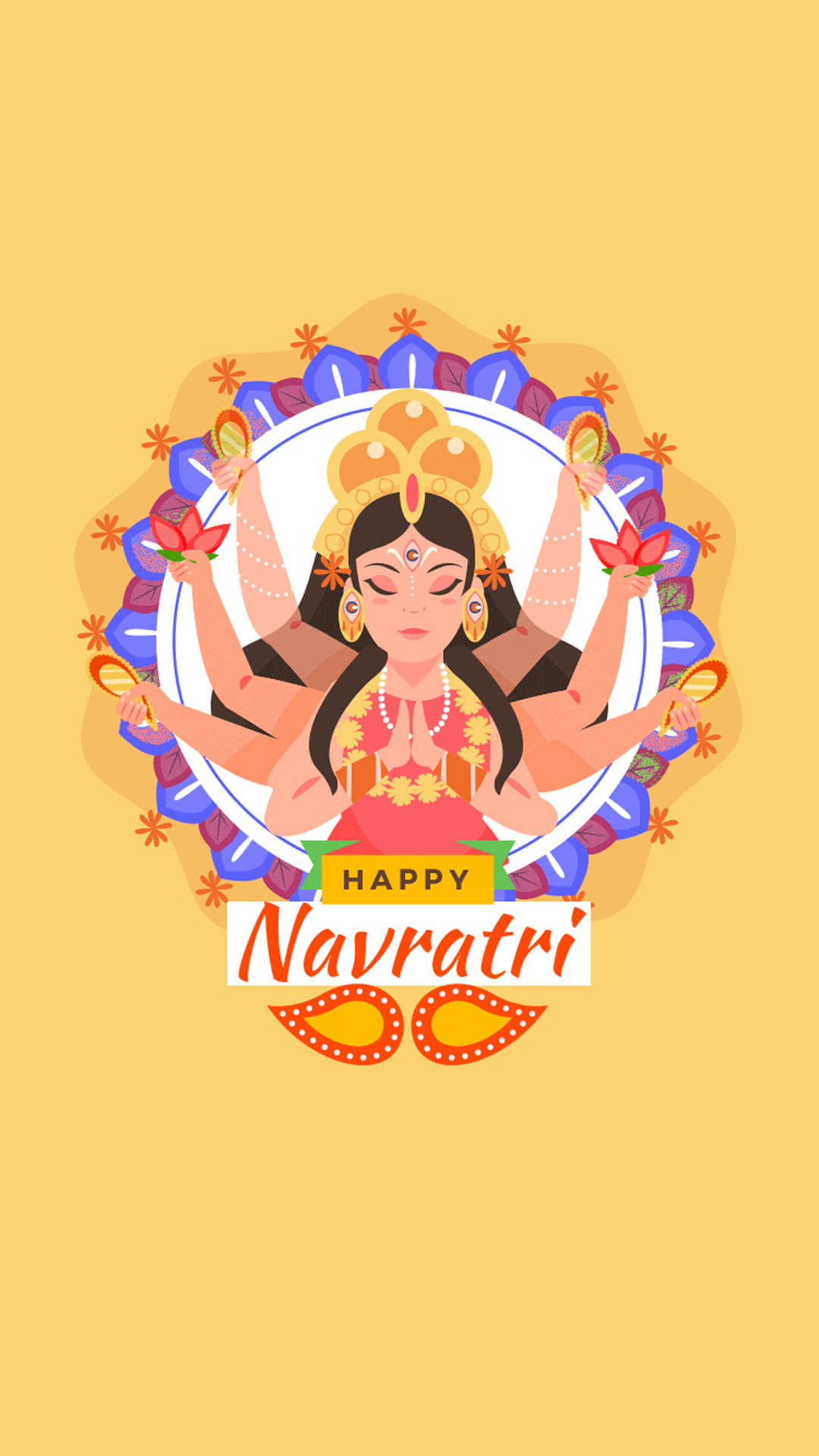 Indian 桌布 壁紙 — 一個色彩繽紛的插圖女神，多臂手持蓮花，周圍環繞著花卉圖案，背景為金色。
