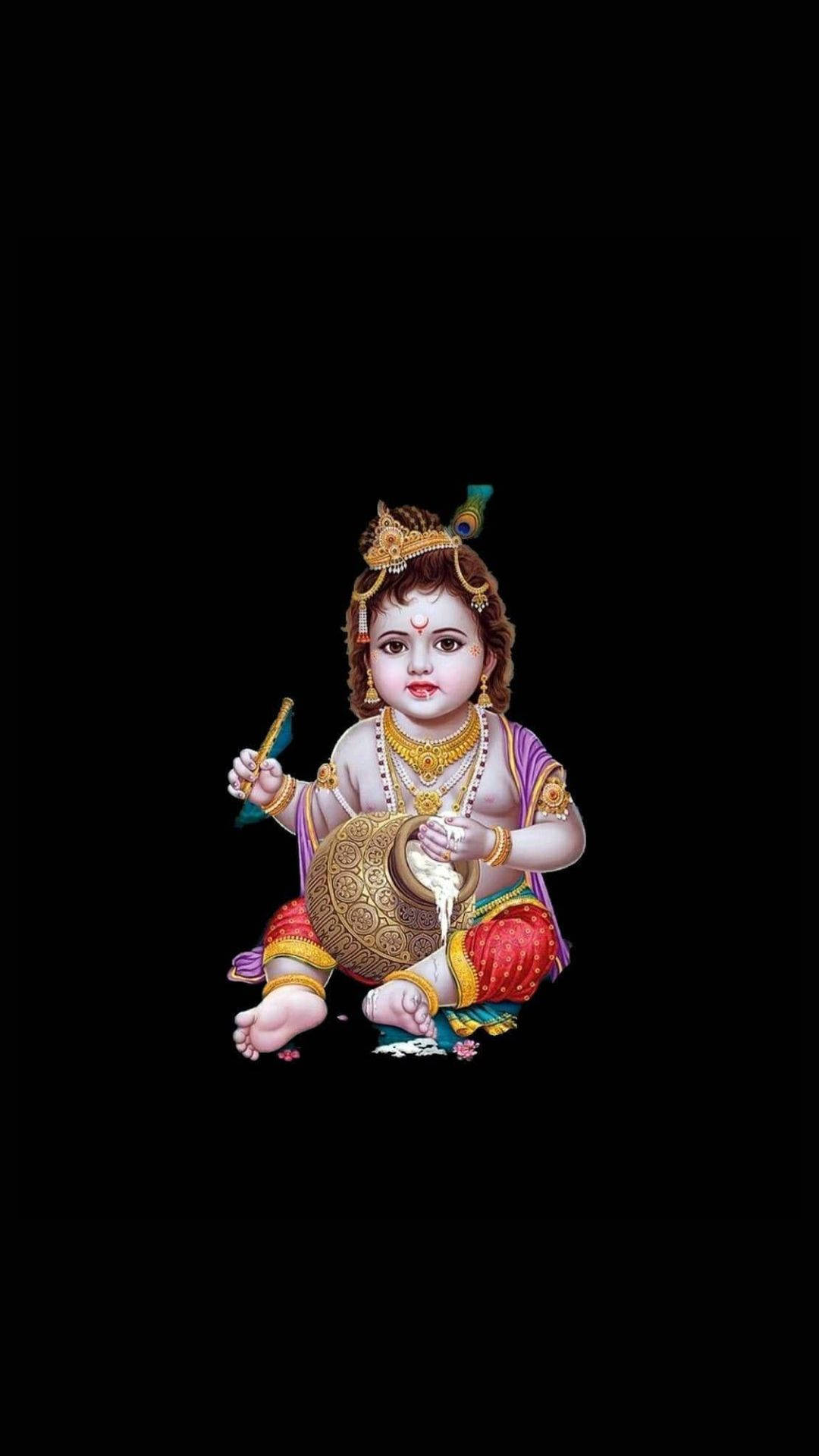 cute krishna 桌布 壁紙 — 一個色彩繽紛的插圖嬰兒克里希納坐在黑色背景前，手持笛子和鍋。