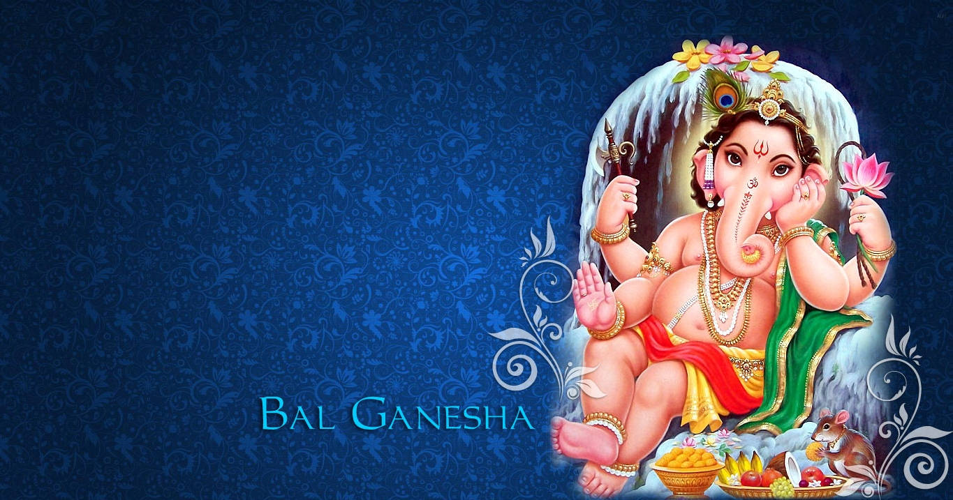Hindu God 桌布 壁紙 — 一個色彩繽紛的插圖小象神Ganesha莊嚴地坐在藍色華麗背景上，手持蓮花和斧頭，附近有一隻老鼠。