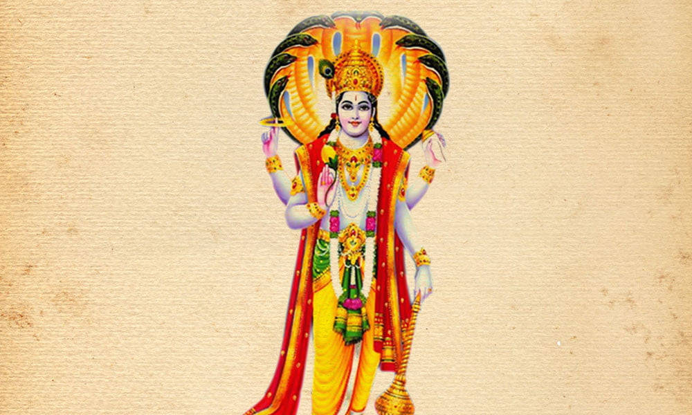 Vishnu 桌布 壁紙 — 一個色彩繽紛的插圖神祇，有多隻手臂和一條盤繞的蛇冠，站在有紋理的米色背景前。