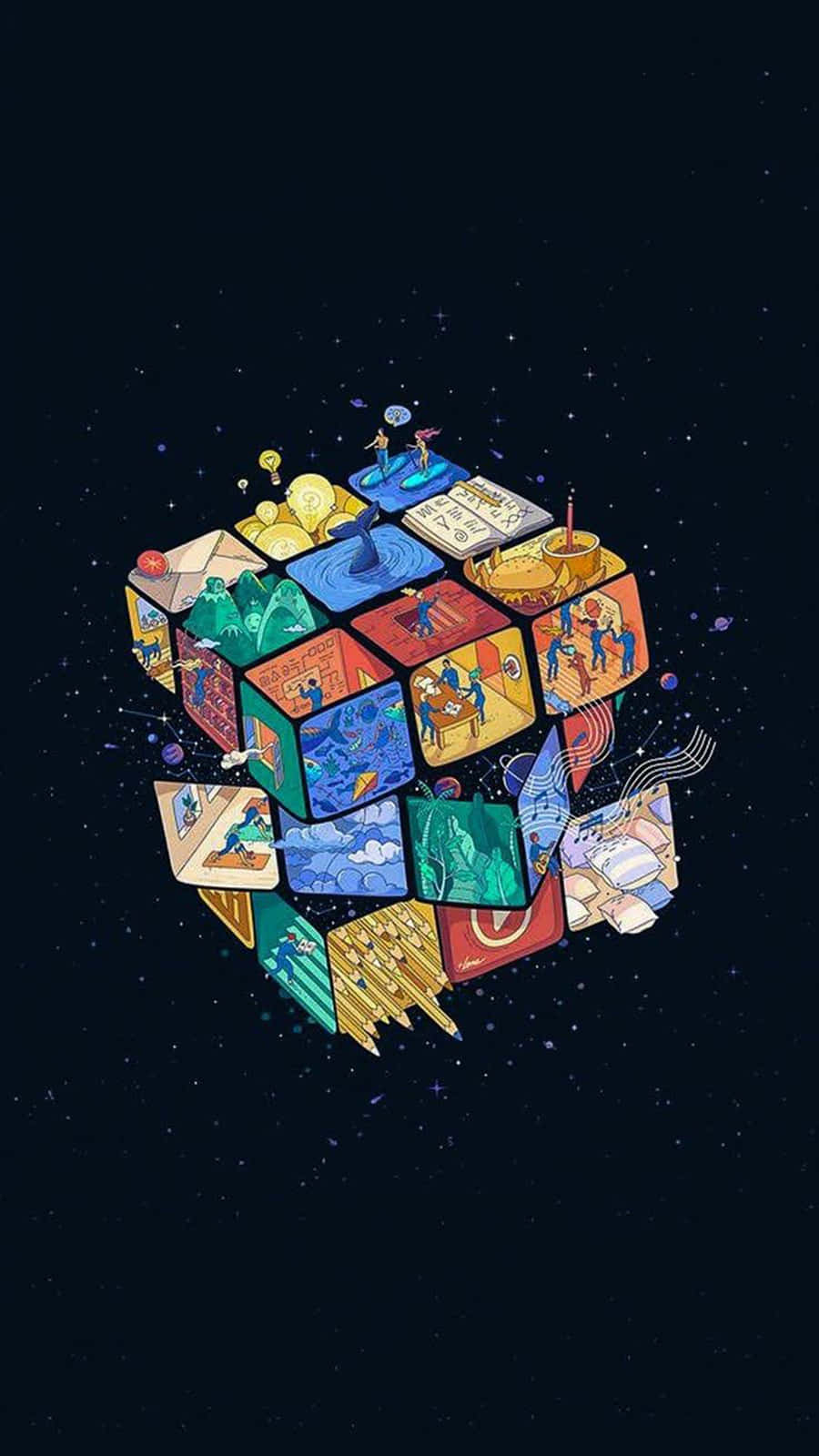 桌布 壁紙 — 一個色彩繽紛的插圖立方體漂浮在星空之中，每個面都展示著不同的生動場景。