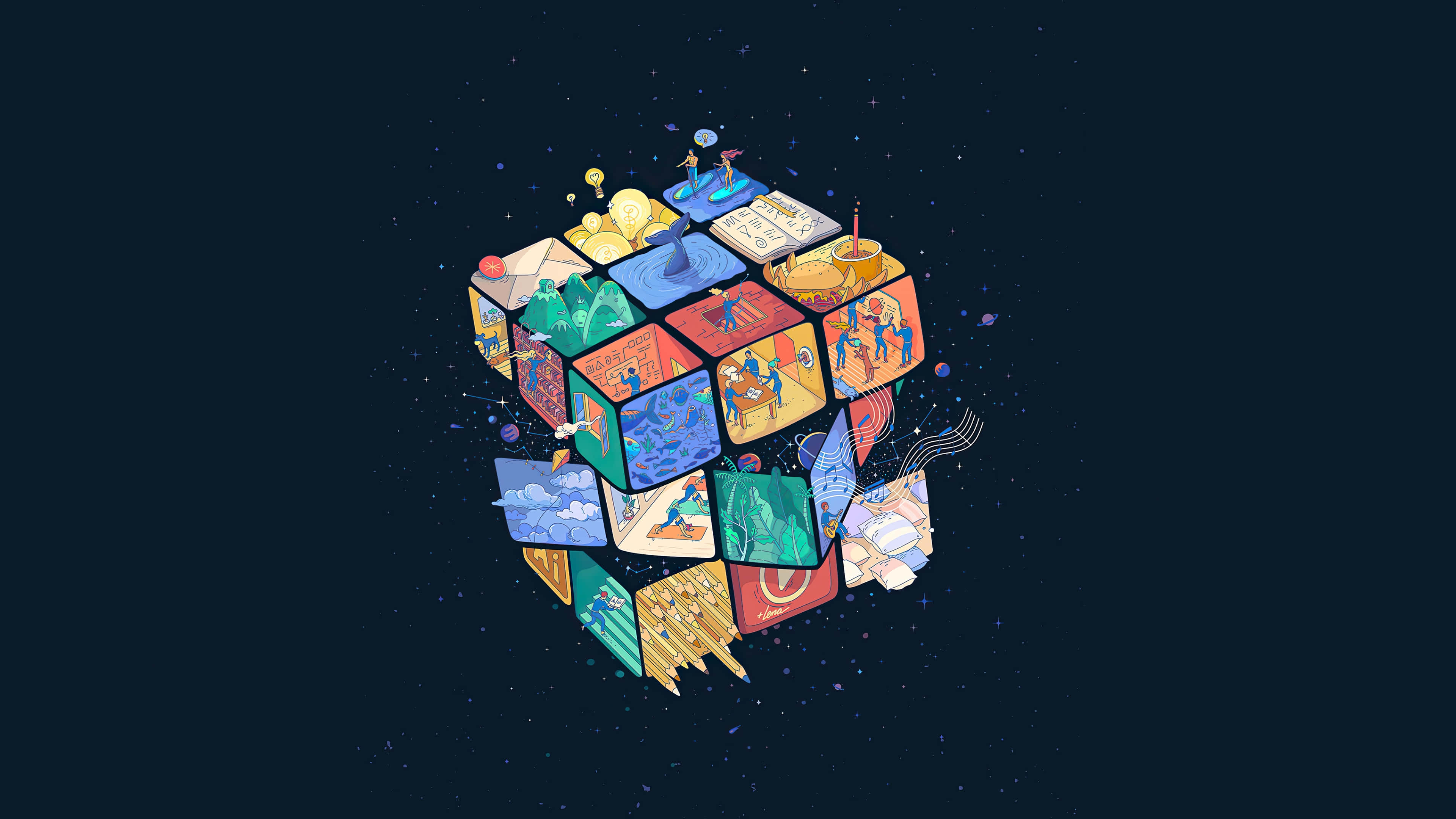 Possible 桌布 壁紙 — 一個色彩繽紛的插圖立方體漂浮在星空之中，每個面都展示著不同的生動場景。