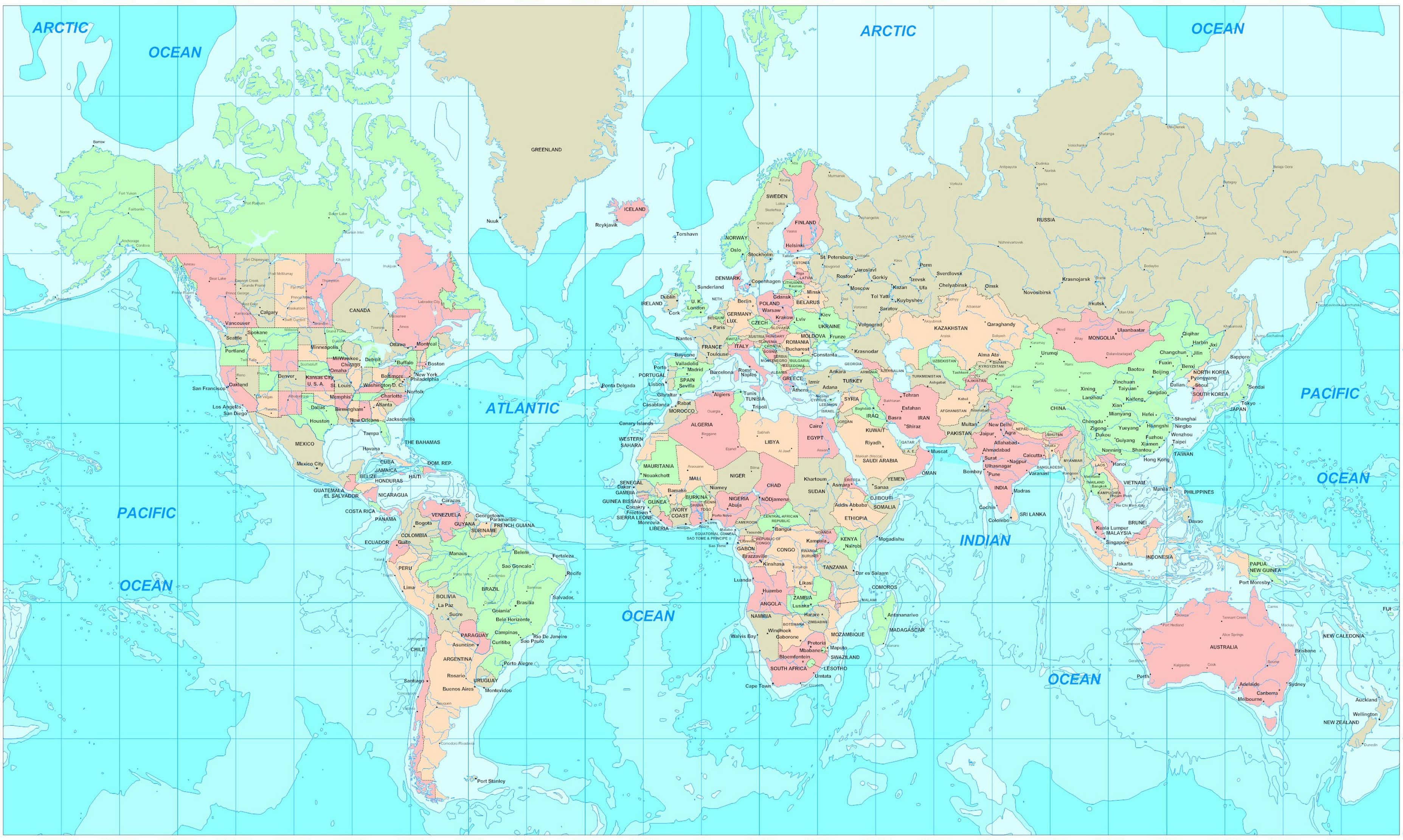Map 桌布 壁紙 — 一個色彩繽紛的政治世界地圖，在網格背景上顯示標有標籤的國家、海洋和大洲。