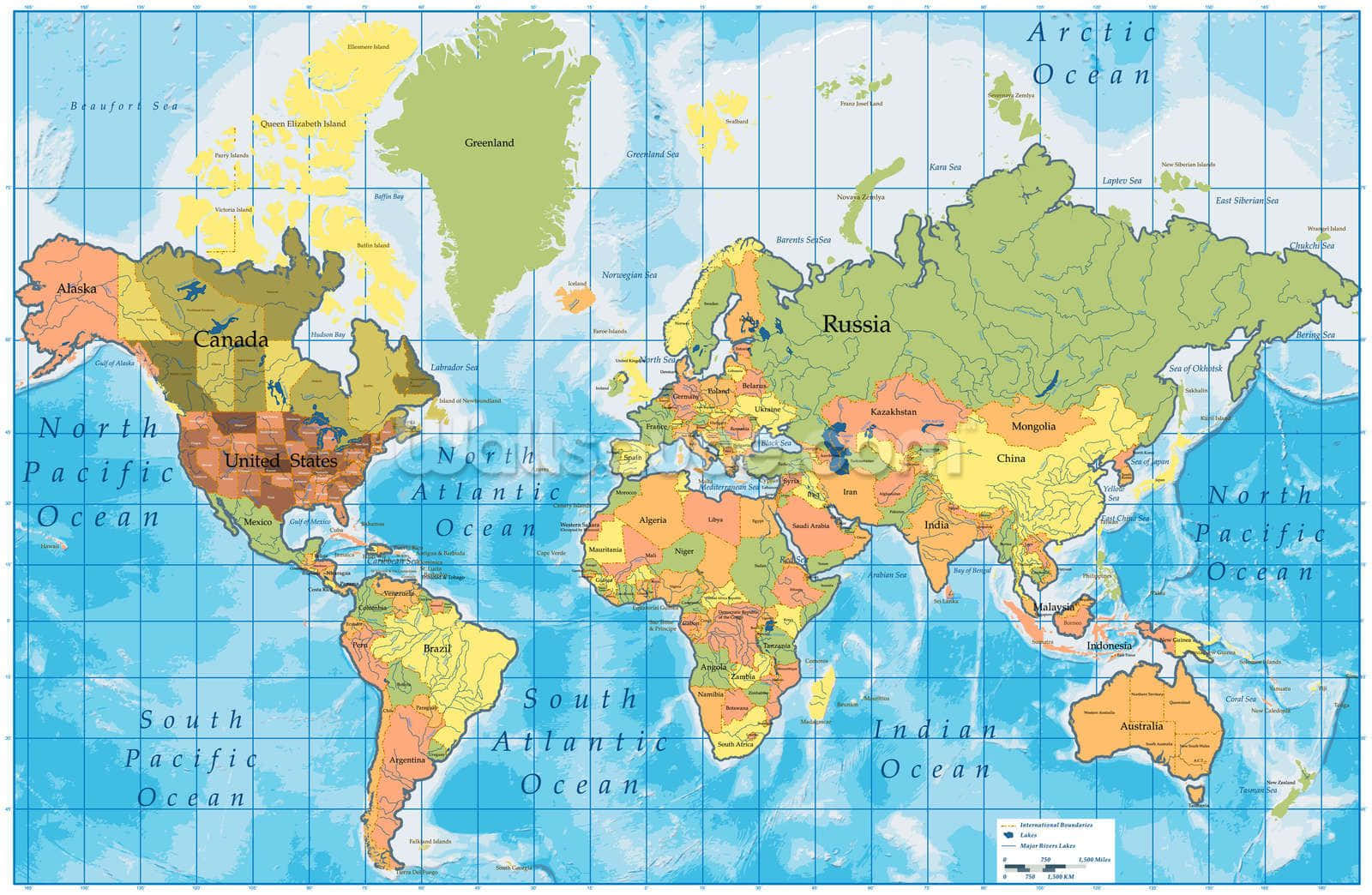 Map 桌布 壁紙 — 一個色彩繽紛的政治世界地圖，在藍色背景上標有國家、海洋和網格線。