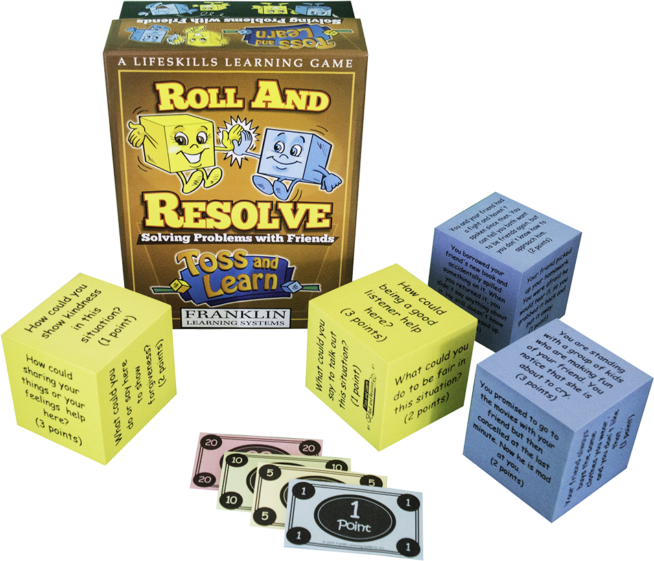 Product 桌布 壁紙 — 一個色彩繽紛的教育棋盤遊戲盒，名為「Roll and Resolve」，帶有卡通骰子和點數卡，顯示在黑色背景上。