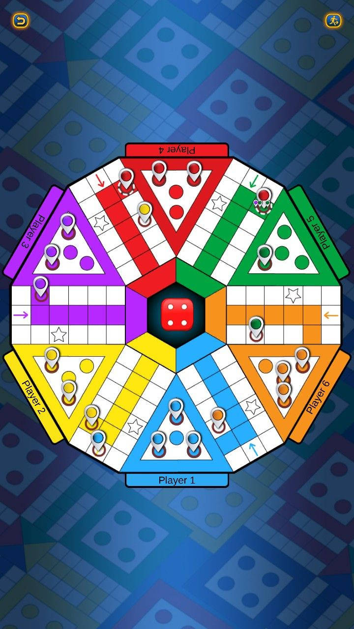 桌布 壁紙 — 一個色彩繽紛的數位Ludo遊戲板，有六位玩家和一個紅色骰子在中間，背景為藍色圖案。