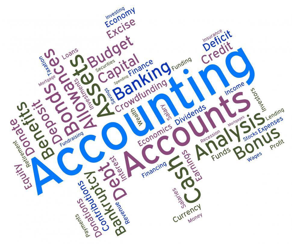 Accounting 桌布 壁紙 — 一個色彩繽紛的文字雲，以「會計」為中心，預算、現金、分析等財務術語以多種字體和色調向外輻射。