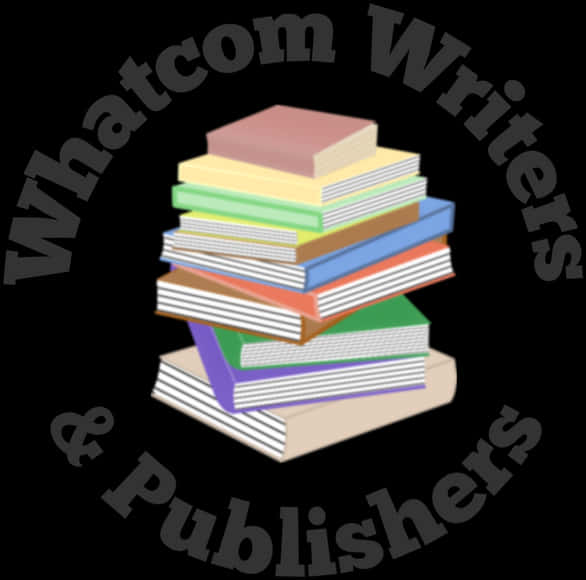 標誌 桌布 壁紙 — 一個色彩繽紛的書堆位於標誌中央，周圍環繞著 'Whatcom Writers & Publishers' 文字，背景為黑色。