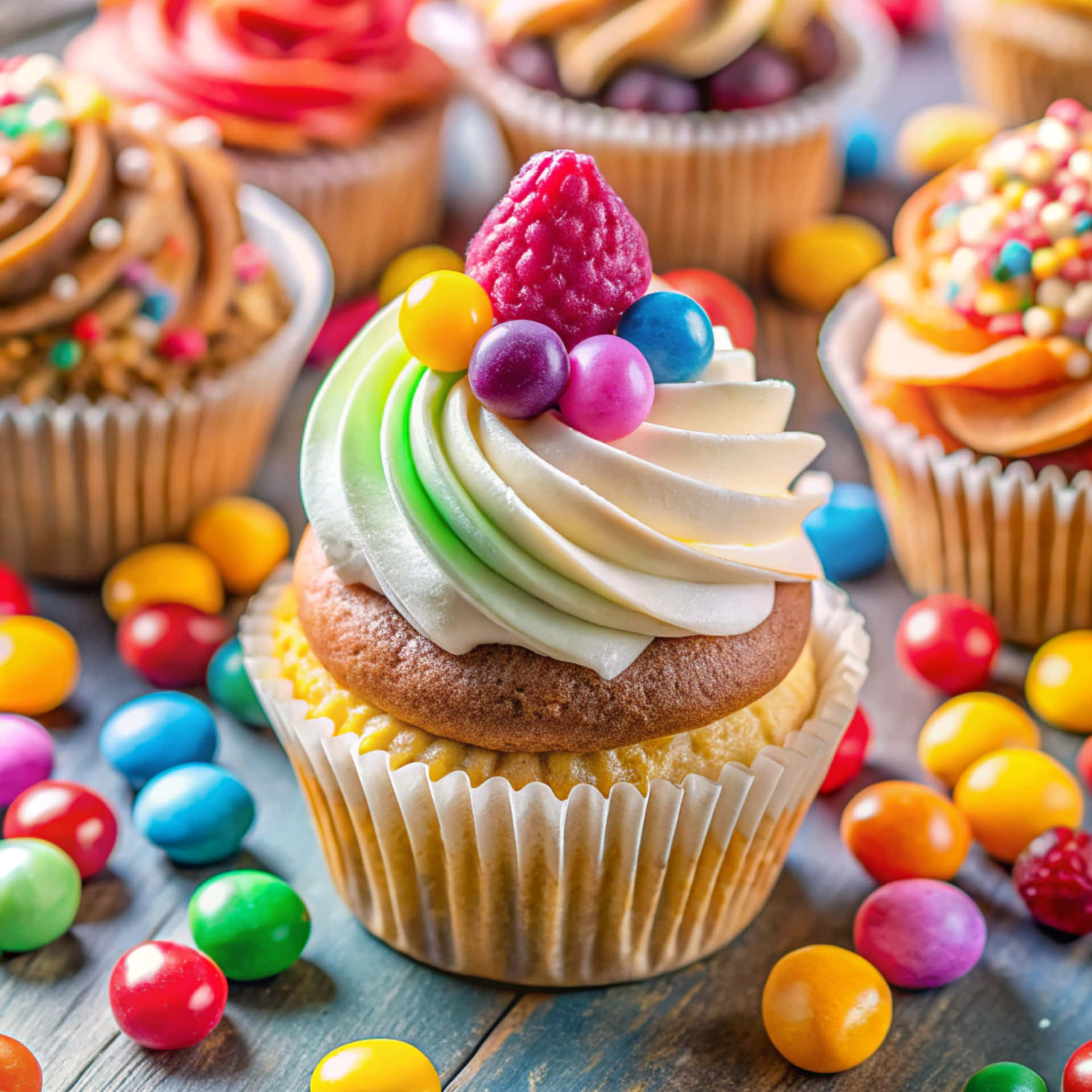 Cupcake 壁紙 — 一個色彩繽紛的杯子蛋糕，上面有彩虹糖霜和一個覆盆子，頂部裝飾著彩色糖果，散落在木質表面上的M&M's之間。
