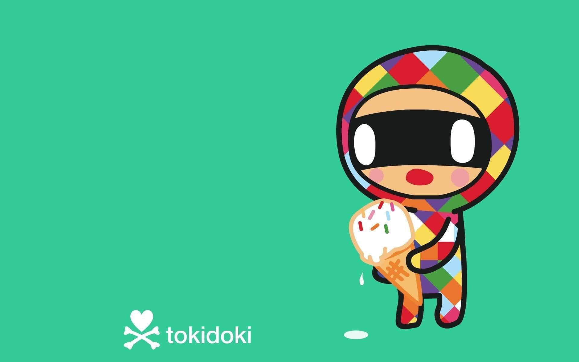 桌布 壁紙 — 一個色彩繽紛的格子Tokidoki角色在純色藍綠色背景前拿著一個正在融化的冰淇淋甜筒。