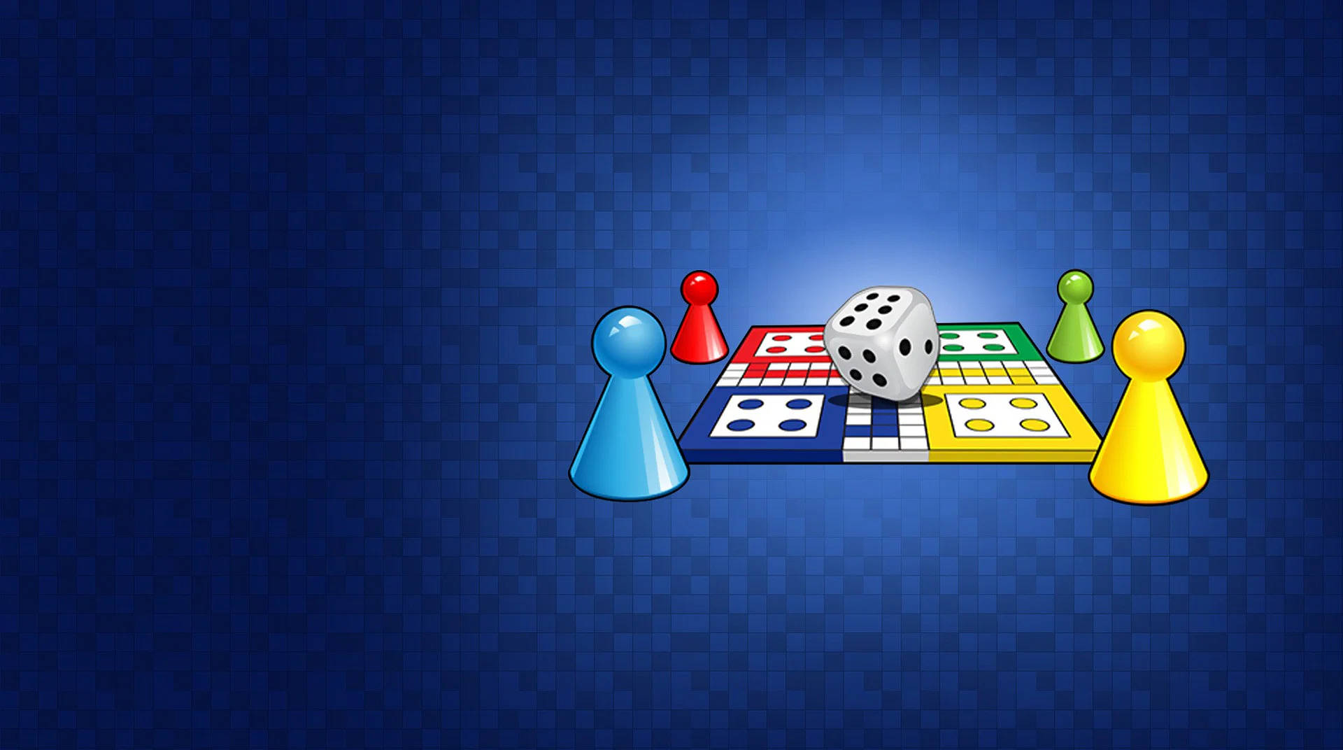 桌布 壁紙 — 一個色彩繽紛的棋盤遊戲，帶有四枚玩家棋子及一顆骰子，置於藍色格紋背景上。