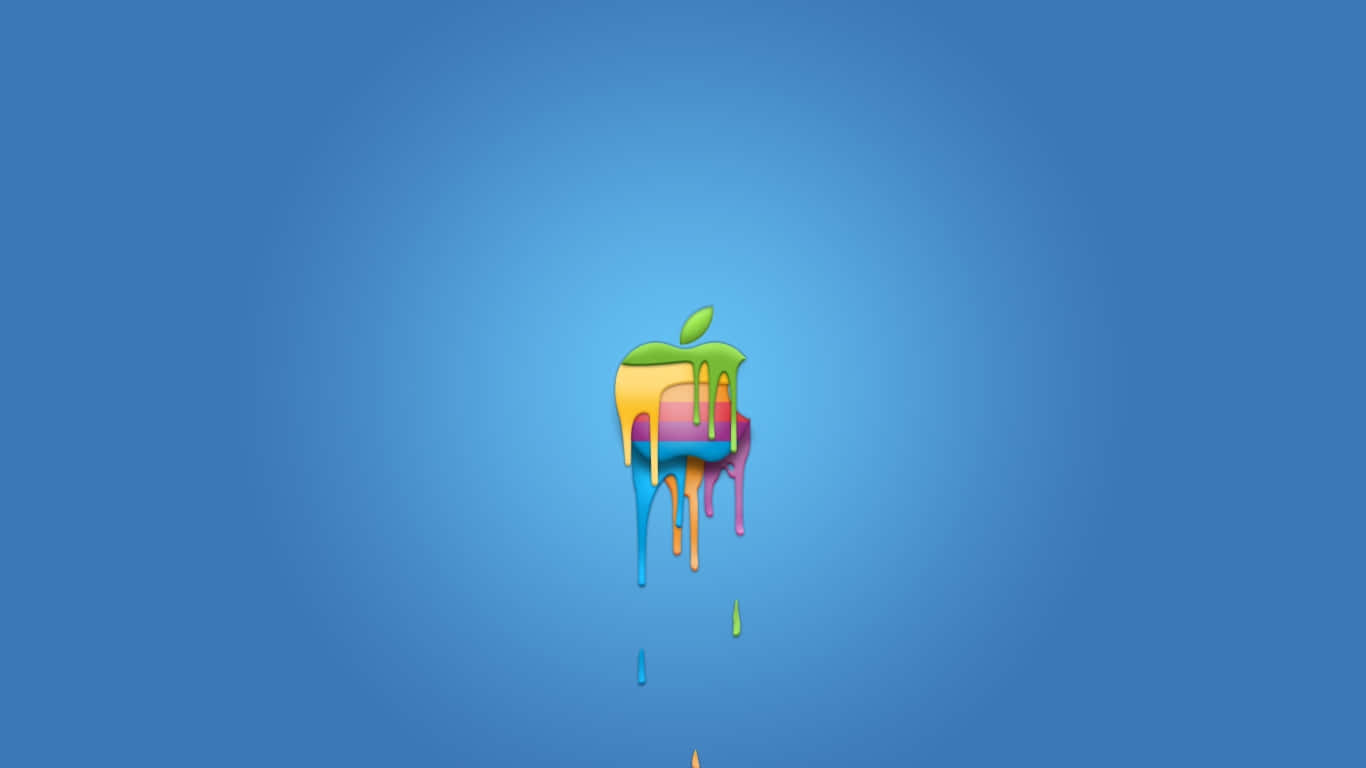 1366x768 Apple 桌布 壁紙 — 一個色彩繽紛的滴落蘋果標誌，居中在藍色漸變背景上，下方有類似油漆的滴落。