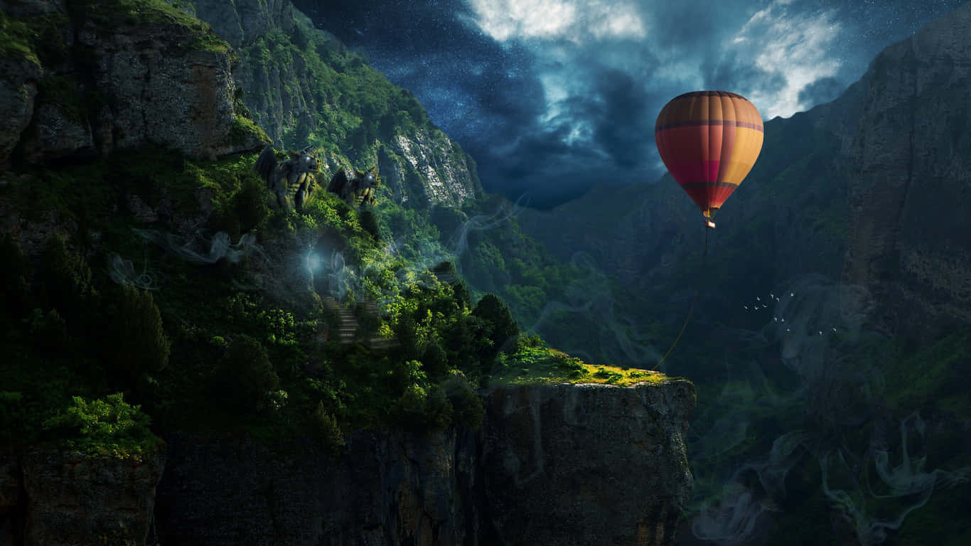 Hot Air Balloon 桌布 壁紙 — 一個色彩繽紛的熱氣球在繁星點點的夜空下飄過壯麗的山谷。
