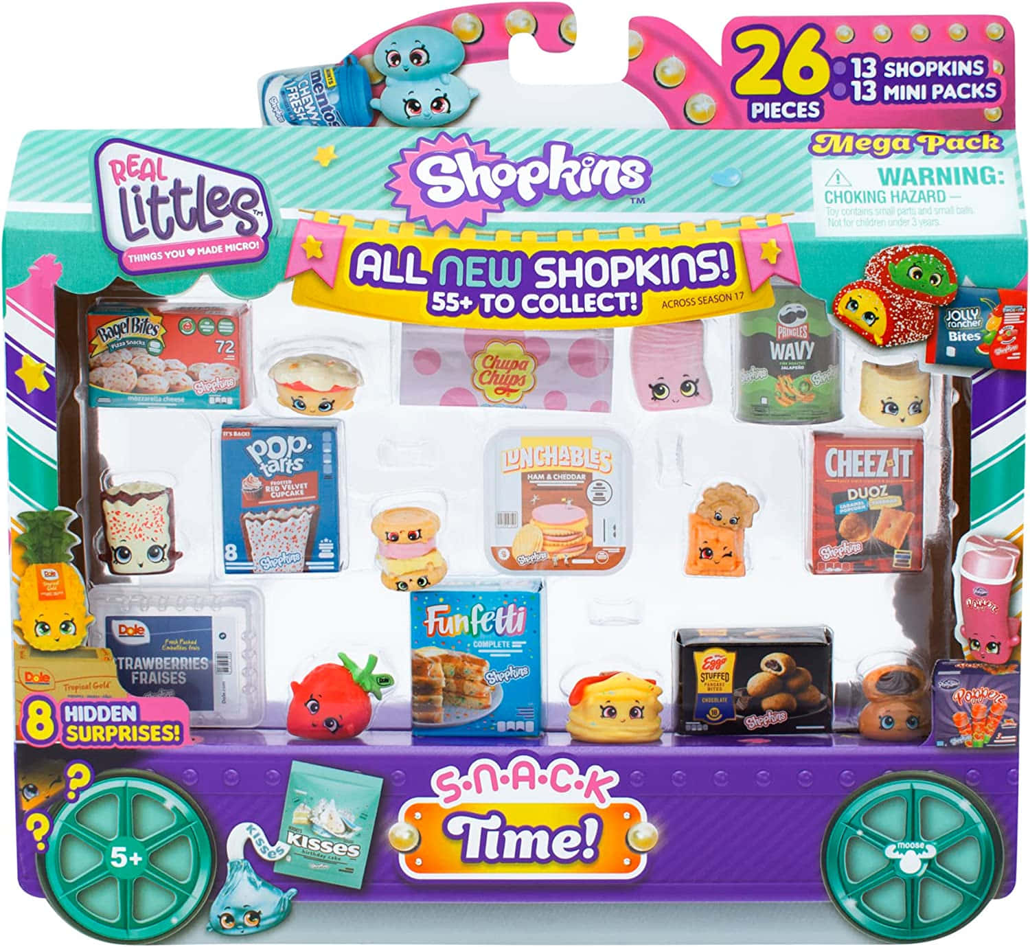 Shopkins 桌布 壁紙 — 一個色彩繽紛的玩具包裝，展示26個Shopkins迷你食物角色，面帶微笑，排列在零食主題包裝中。
