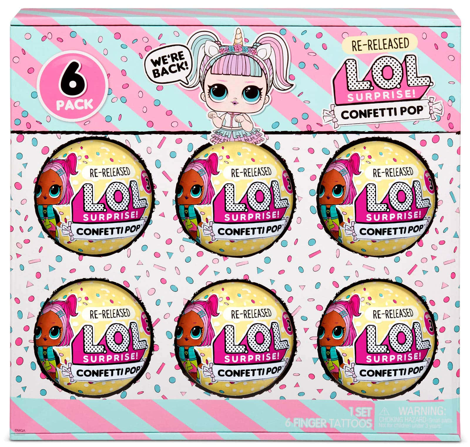 Lol Coloring 桌布 壁紙 — 一個色彩繽紛的盒子，內有六個LOL Surprise! Confetti Pop玩具，帶有卡通角色和節日灑粉。