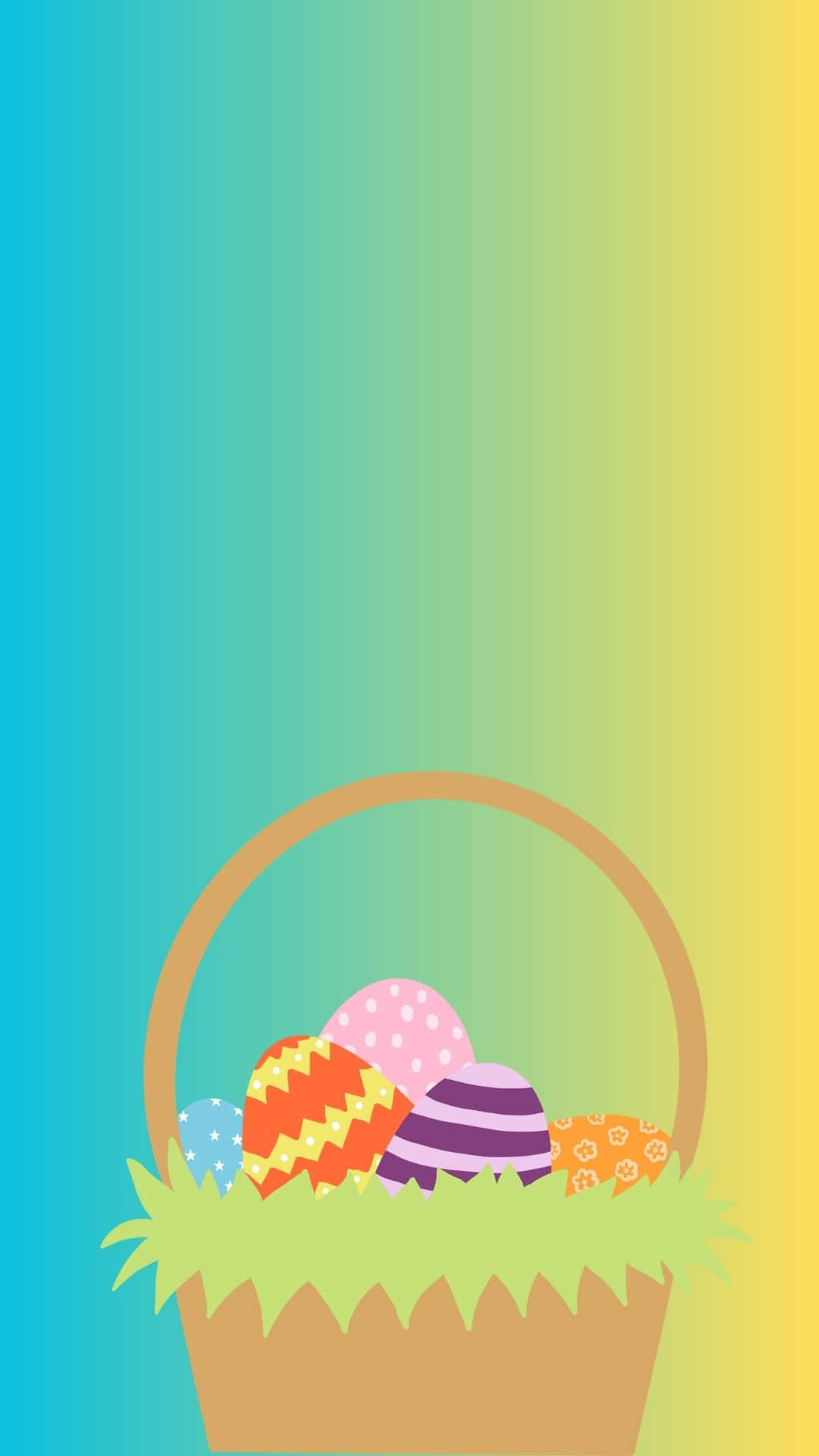Easter Basket 桌布 壁紙 — 一個色彩繽紛的籃子裡裝滿了圖案復活蛋，放在草地上，背景是充滿活力的彩虹漸變色。