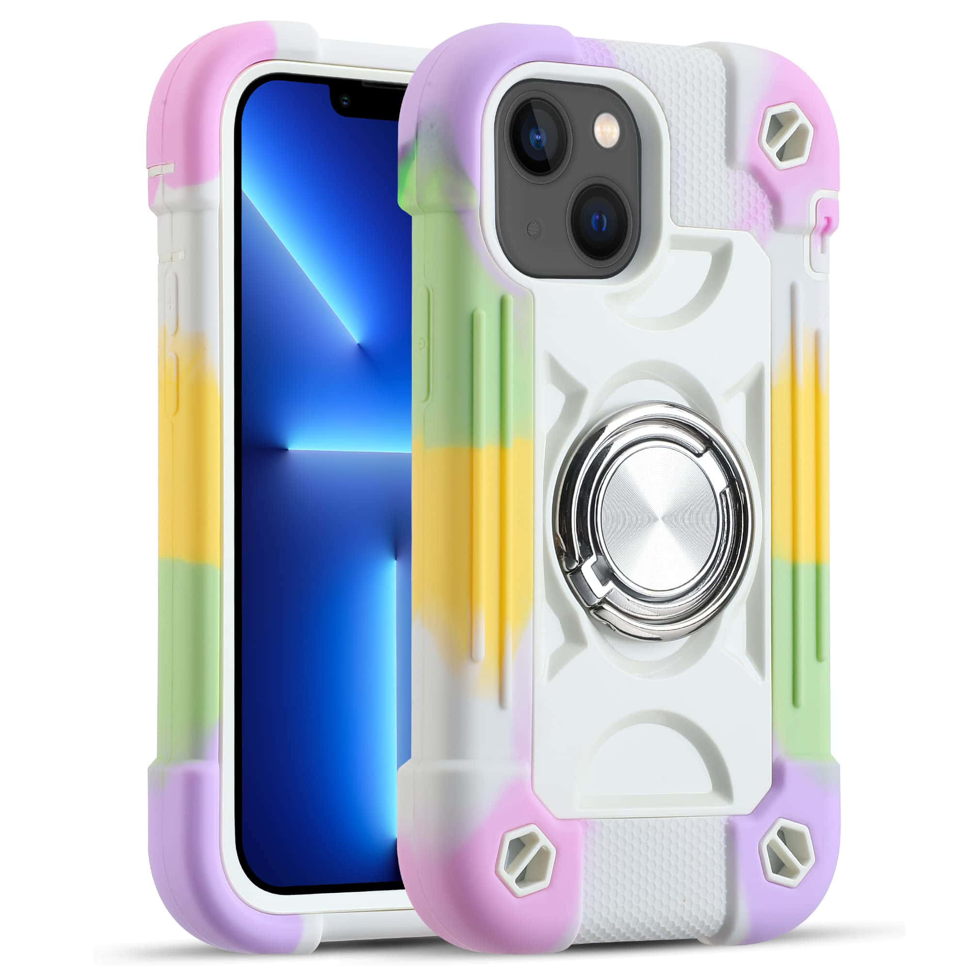 iPhone 美學 桌布 壁紙 — 一個色彩繽紛的粉彩紮染手機殼，帶有內置金屬環支架，展示在白色背景的iPhone上。