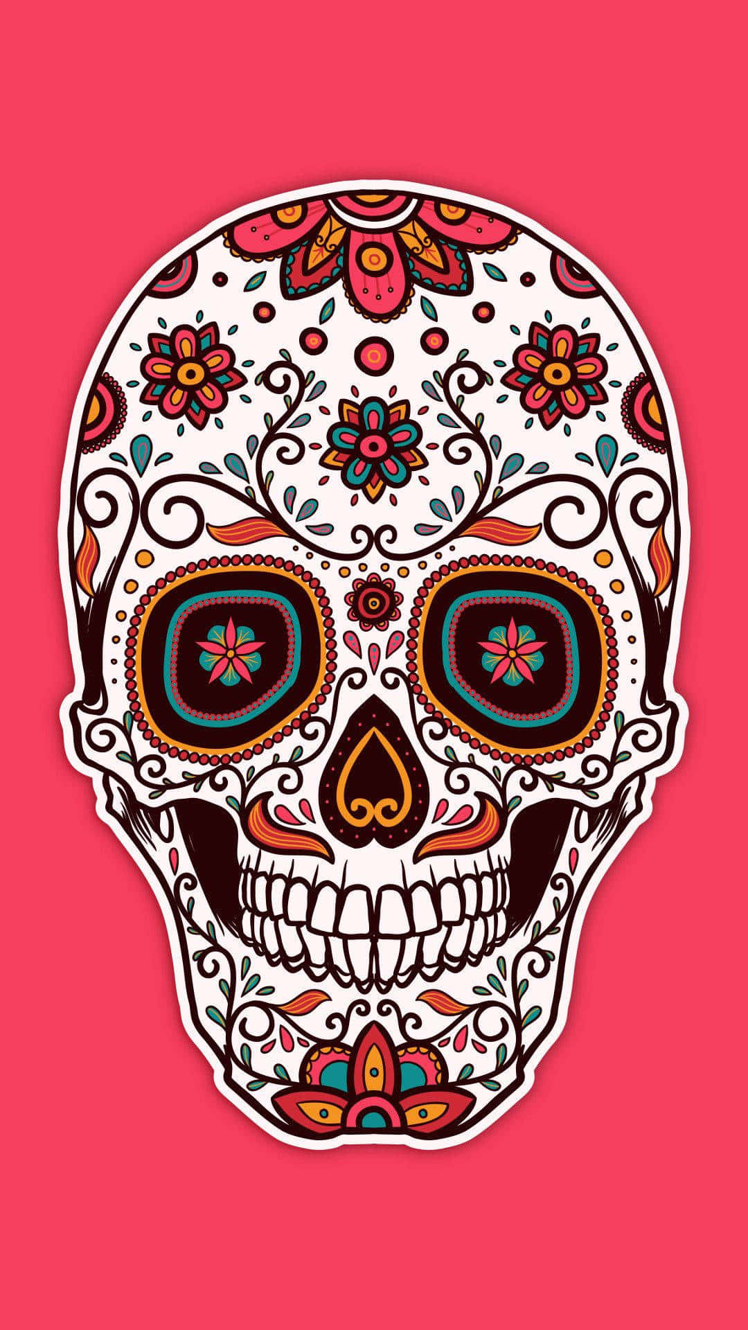 Sugar Skull Phone 桌布 壁紙 — 一個色彩繽紛的糖骷髏，帶有花卉圖案和漩渦設計，置於純粉紅色背景上。