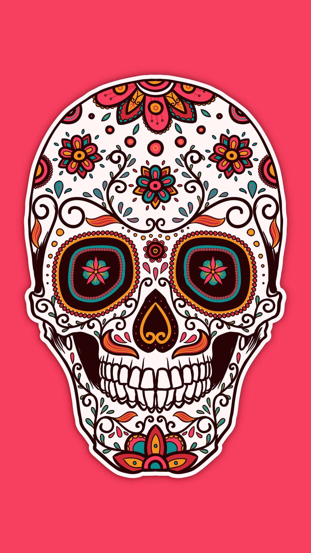 Pink Skull 桌布 壁紙 — 一個色彩繽紛的糖骷髏，帶有花卉圖案和漩渦設計，以純粉紅色背景襯托。