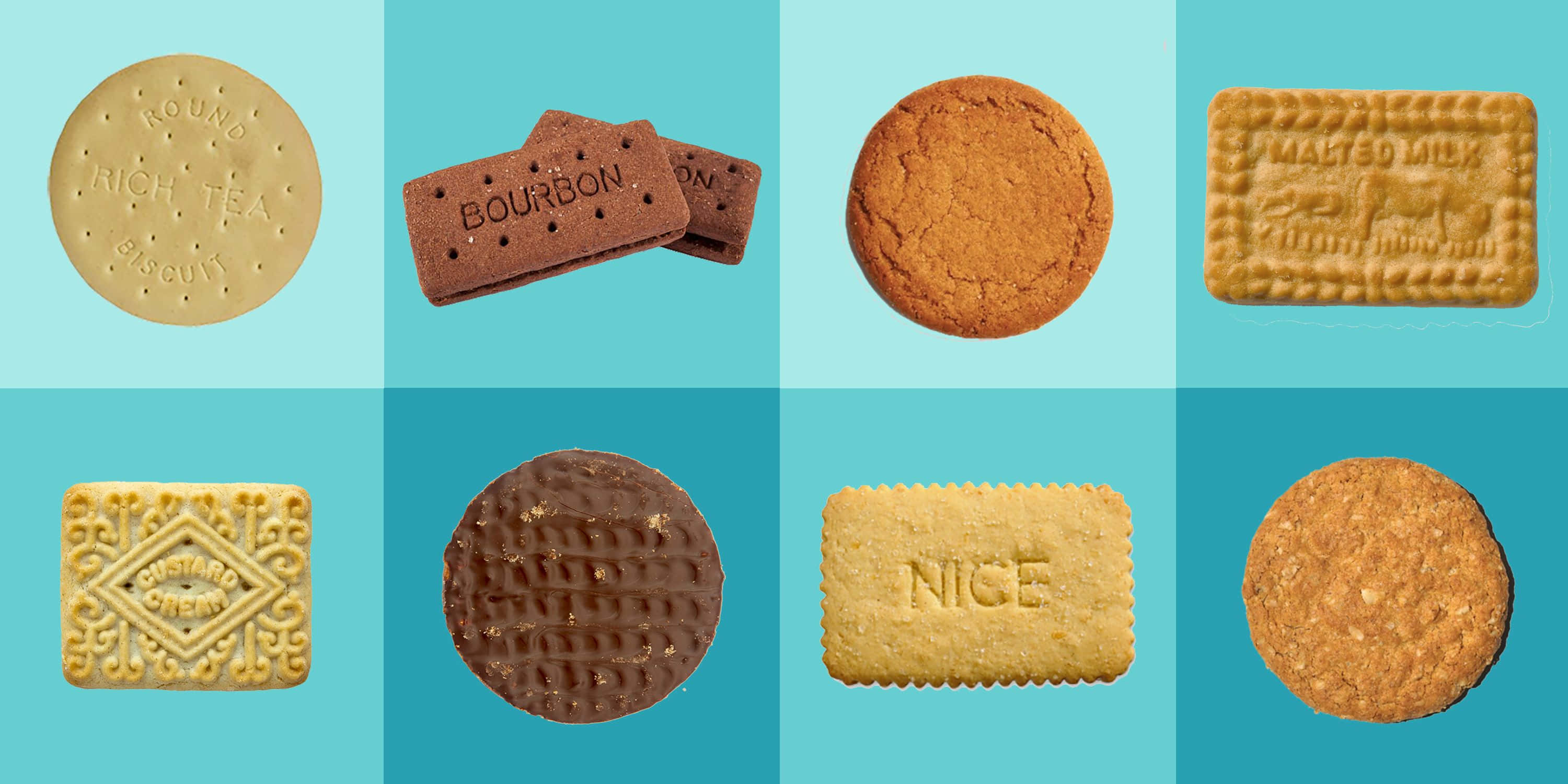 Biscuit 桌布 壁紙 — 一個色彩繽紛的網格，包含八種不同的復古風格餅乾和曲奇，背景為青綠色。