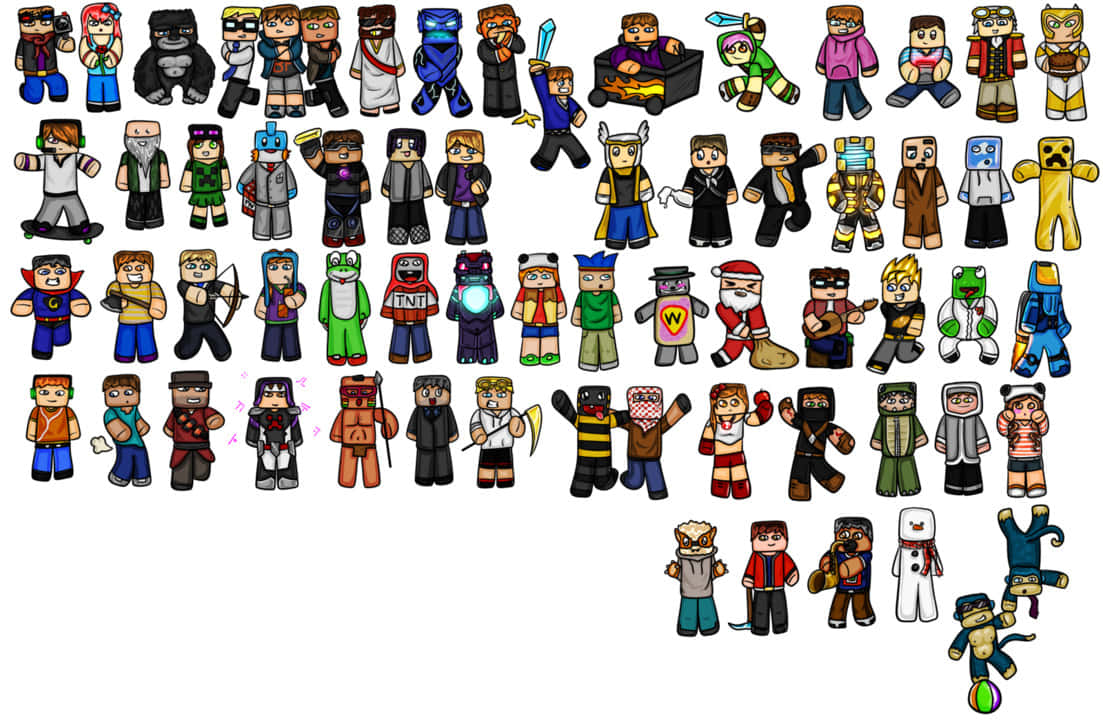 Minecraft Youtubers 桌布 壁紙 — 一個色彩繽紛的網格，包含各種Minecraft風格方塊角色，穿著不同的服裝和擺出各種姿勢。
