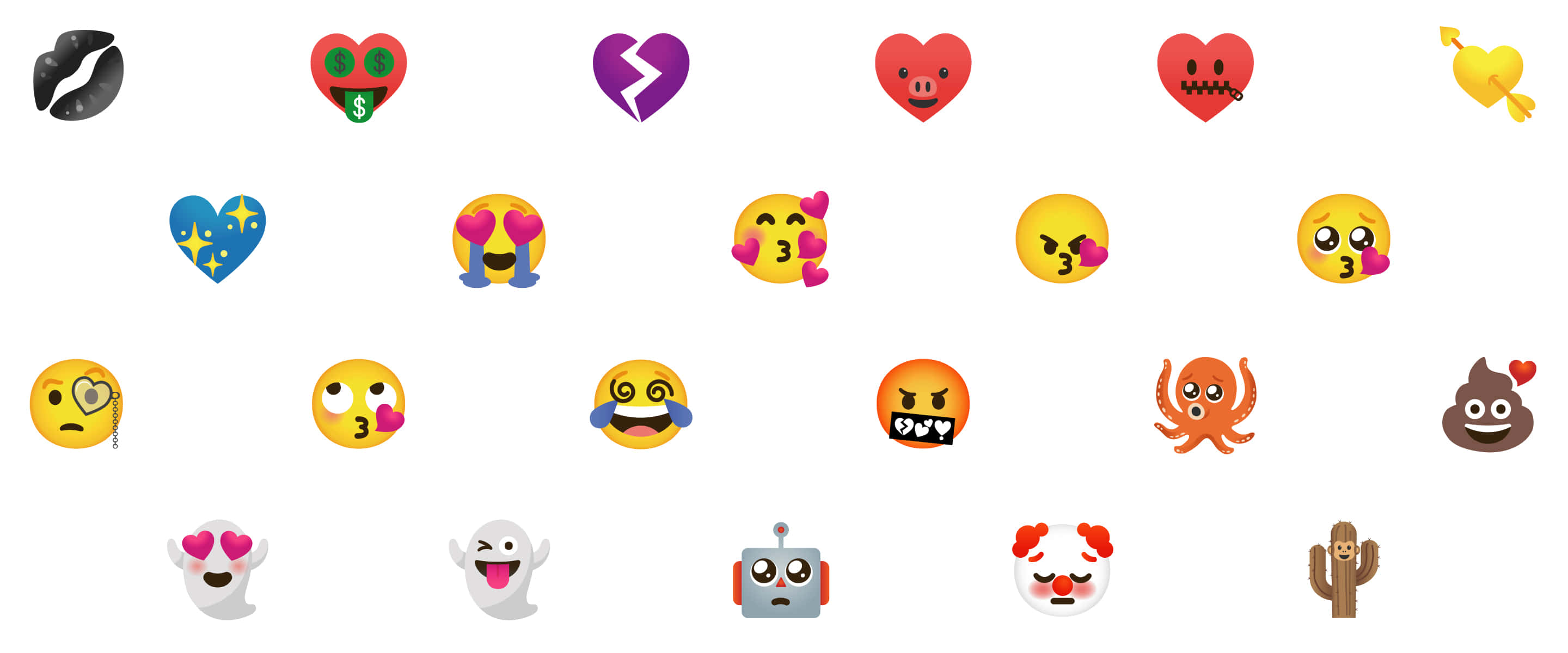 表情符號 桌布 壁紙 — 一個色彩繽紛的網格，包含有趣的 emoji 圖標，包括心形、臉孔和動物，背景為純白色。