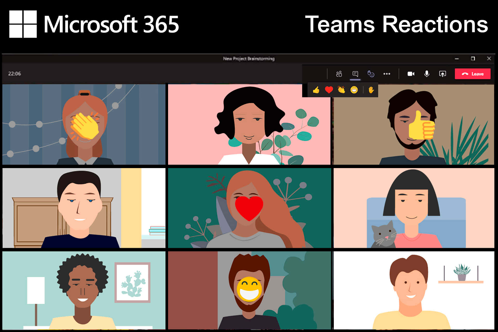 Microsoft Teams 桌布 壁紙 — 一個色彩繽紛的網格，展示九位Microsoft Teams會議中的插圖參與者，每位都顯示正面反應，例如豎起大拇指和愛心表情符號。