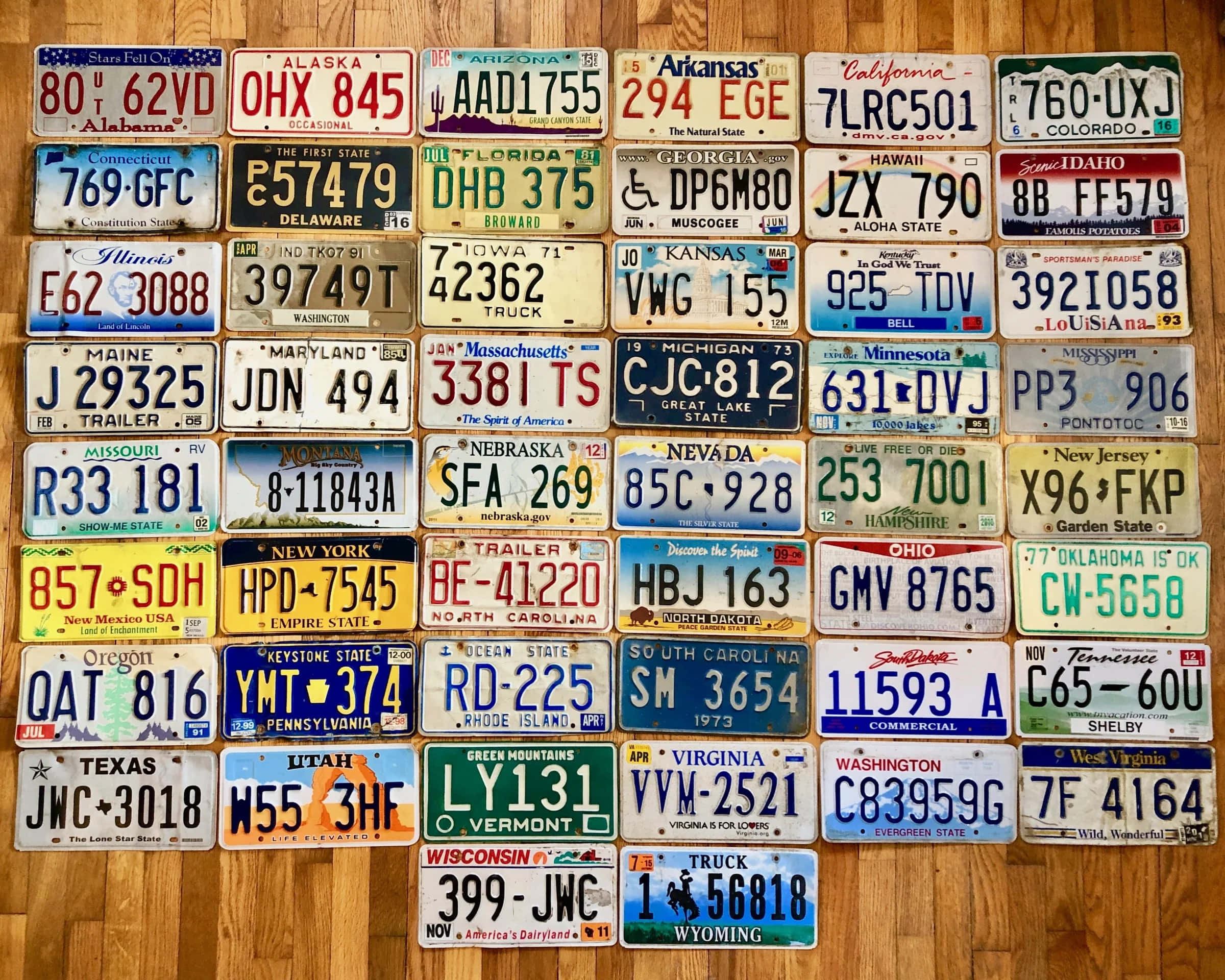 License Plate 桌布 壁紙 — 一個色彩繽紛的網格，由復古美國州車牌整齊排列在溫暖的木地板上。