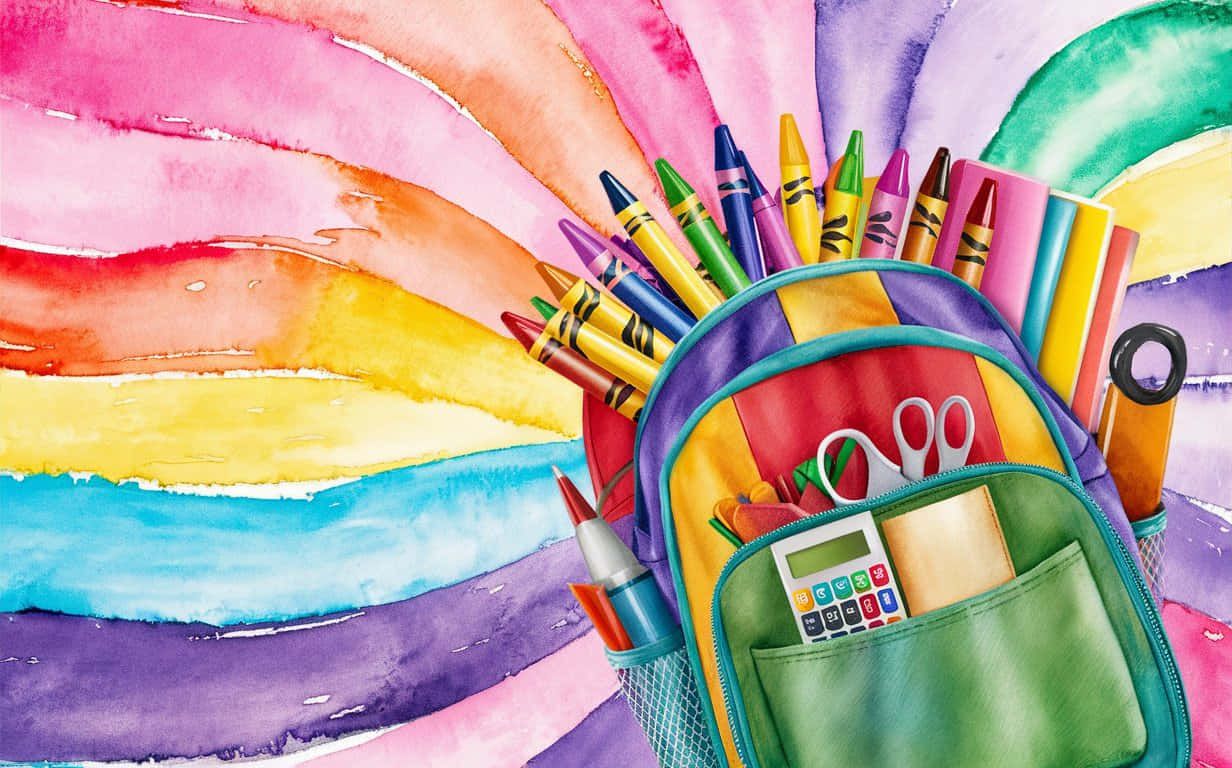 Back to School Watercolour Background 壁紙 — 一個色彩繽紛的背包，裝滿了蠟筆、剪刀和計算機，背景是充滿活力的水彩彩虹。