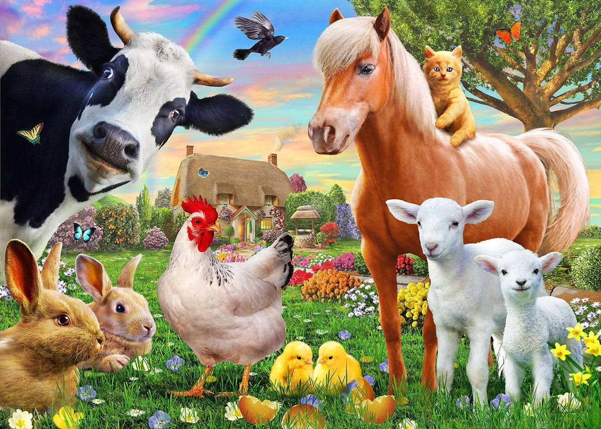 Farmhouse 桌布 壁紙 — 一個色彩繽紛的花園中，在彩虹下有一頭牛、馬、羊、雞和兔子的夢幻農場場景。