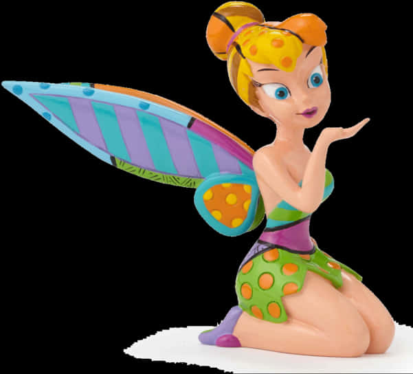 Peter Pan 桌布 壁紙 — 一個色彩繽紛的風格化仙女公仔，帶有圓點翅膀，在黑色背景上擺出俏皮的姿勢。